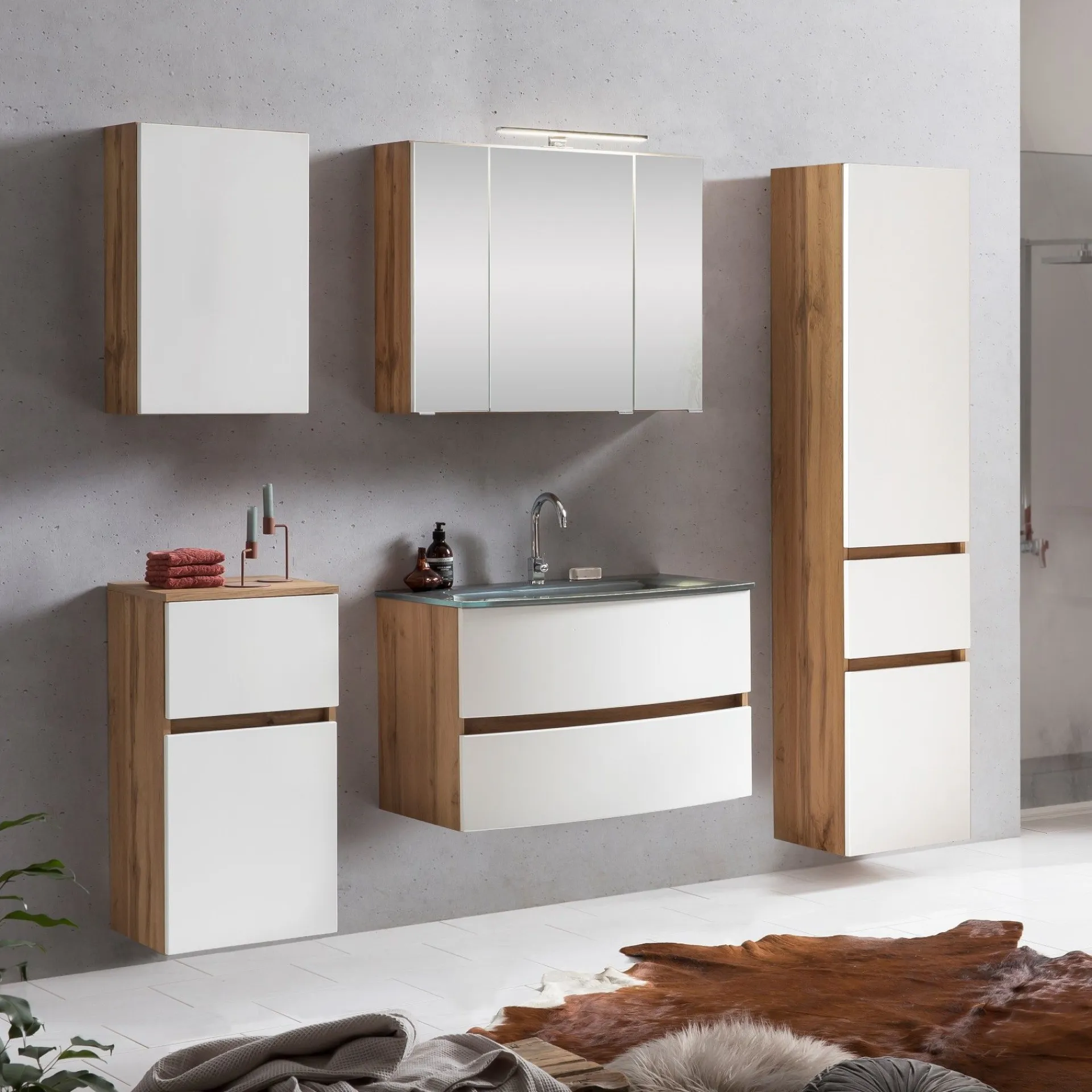 Held Badkombination Kornel 14 5-teilig mit grauem Waschbecken - Eiche/Mattweiß