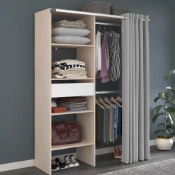 Balu Offener Kleiderschrank - 143x48x182cm - mit Vorhang - Akazie/Grau