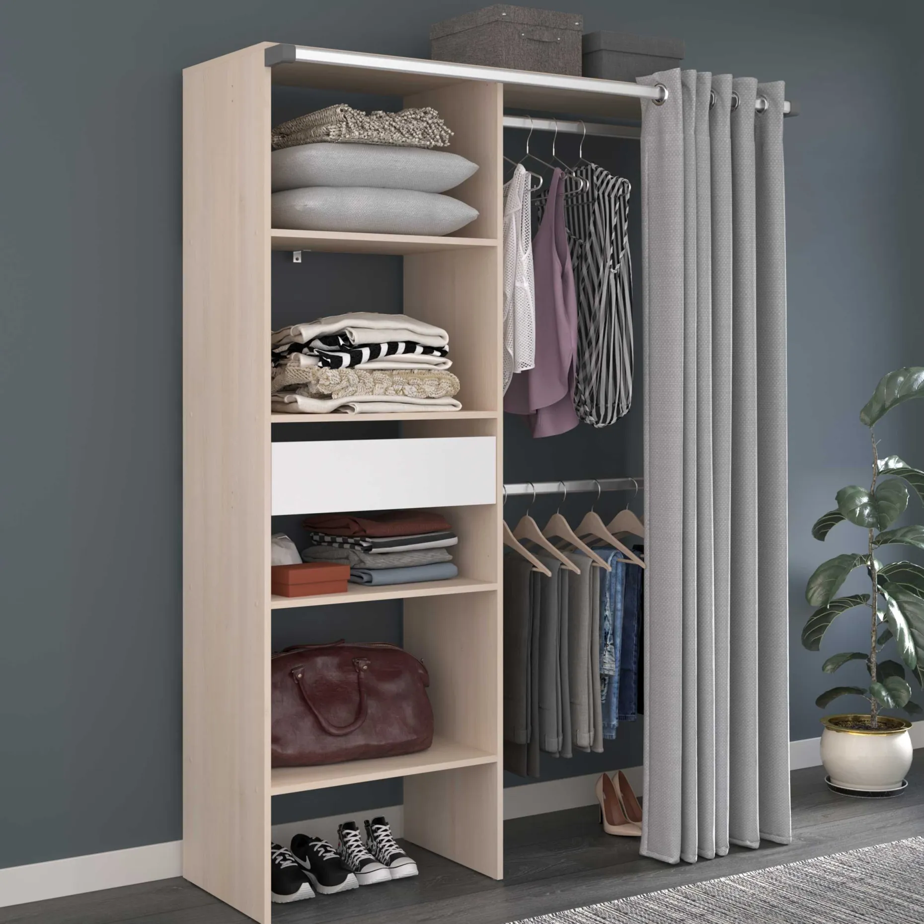 Balu Offener Kleiderschrank - 143x48x182cm - mit Vorhang - Akazie/Grau