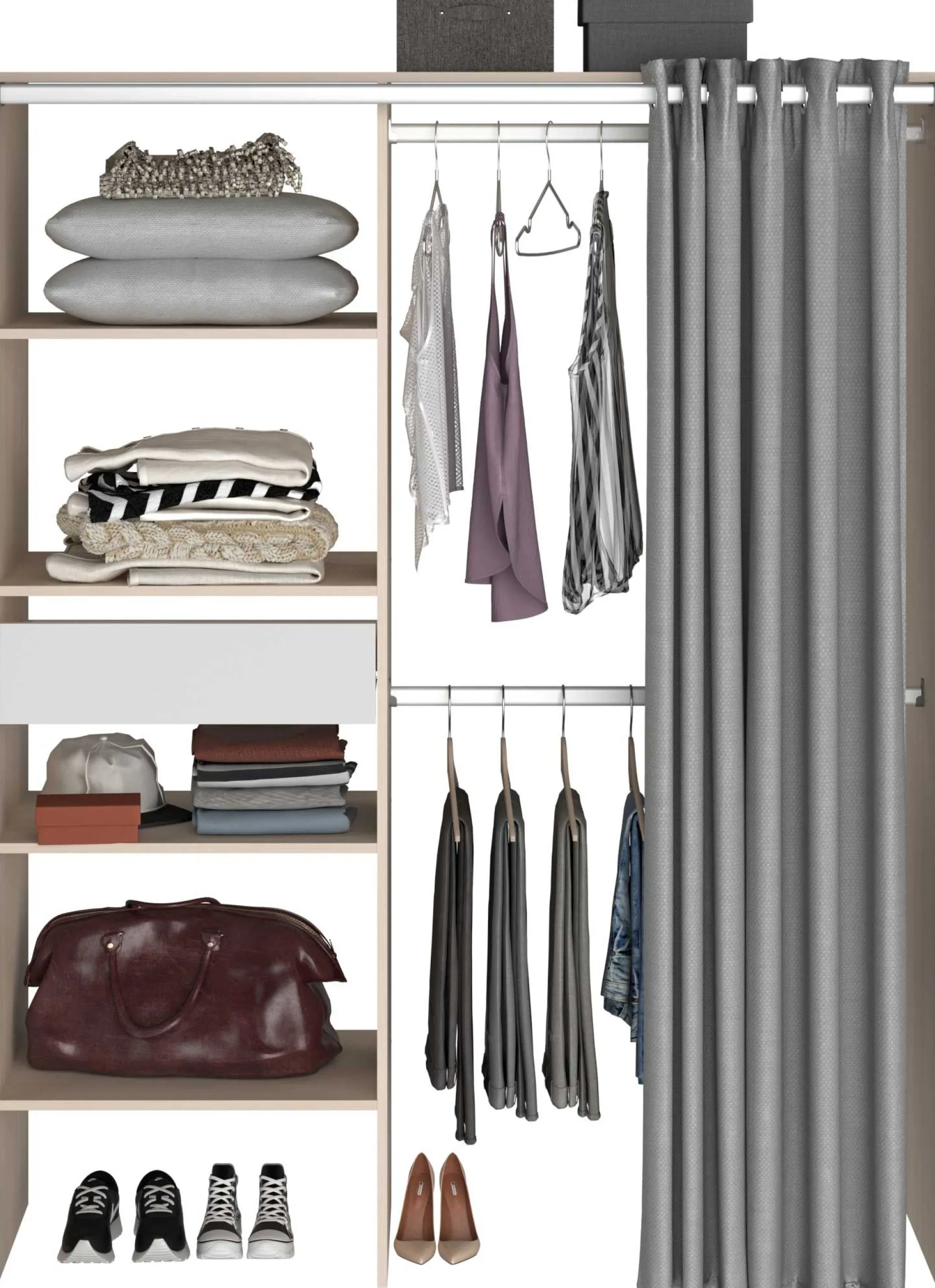 Balu Offener Kleiderschrank - 143x48x182cm - mit Vorhang - Akazie/Grau