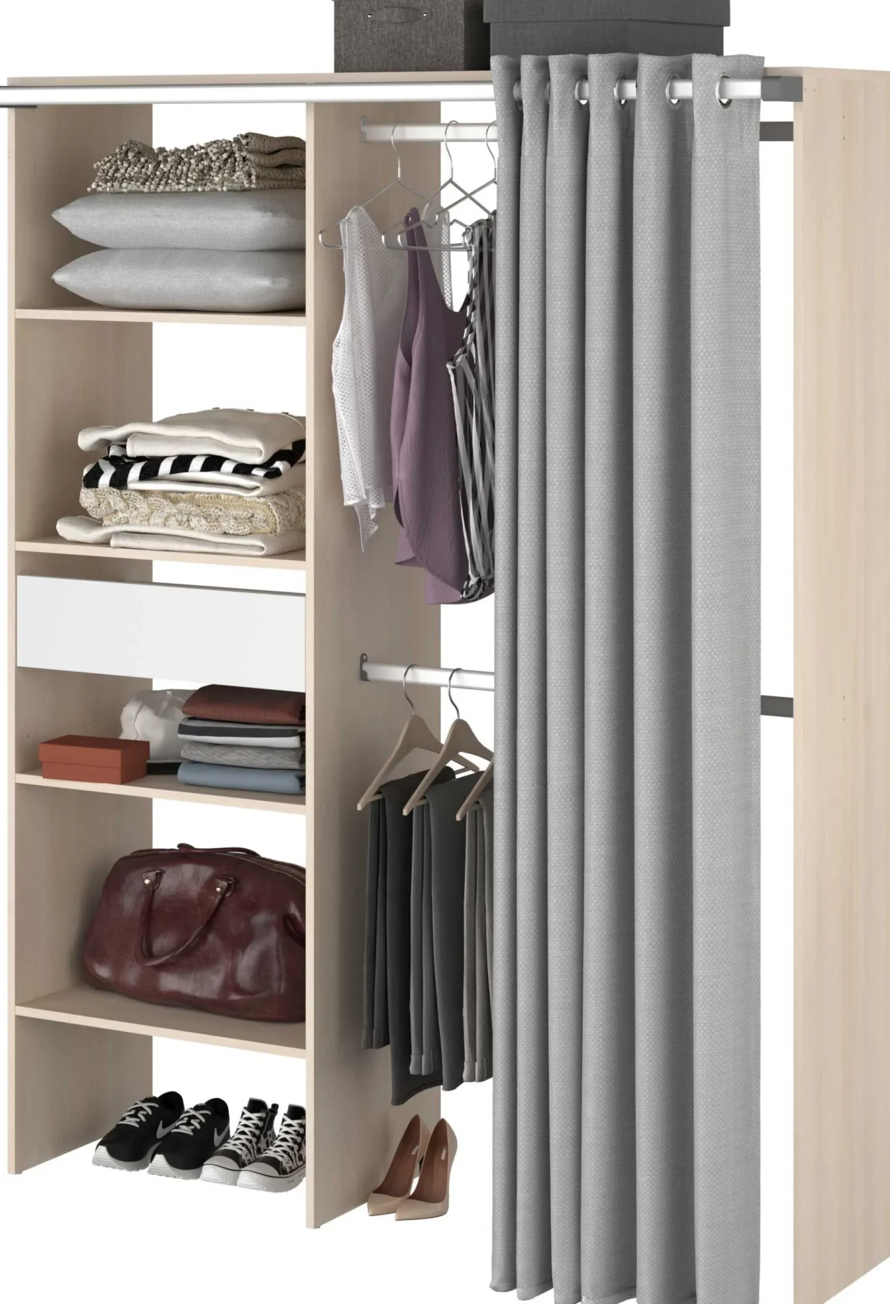 Balu Offener Kleiderschrank - 143x48x182cm - mit Vorhang - Akazie/Grau
