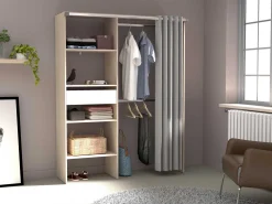 Balu Offener Kleiderschrank - 143x48x182cm - mit Vorhang - Akazie/Grau