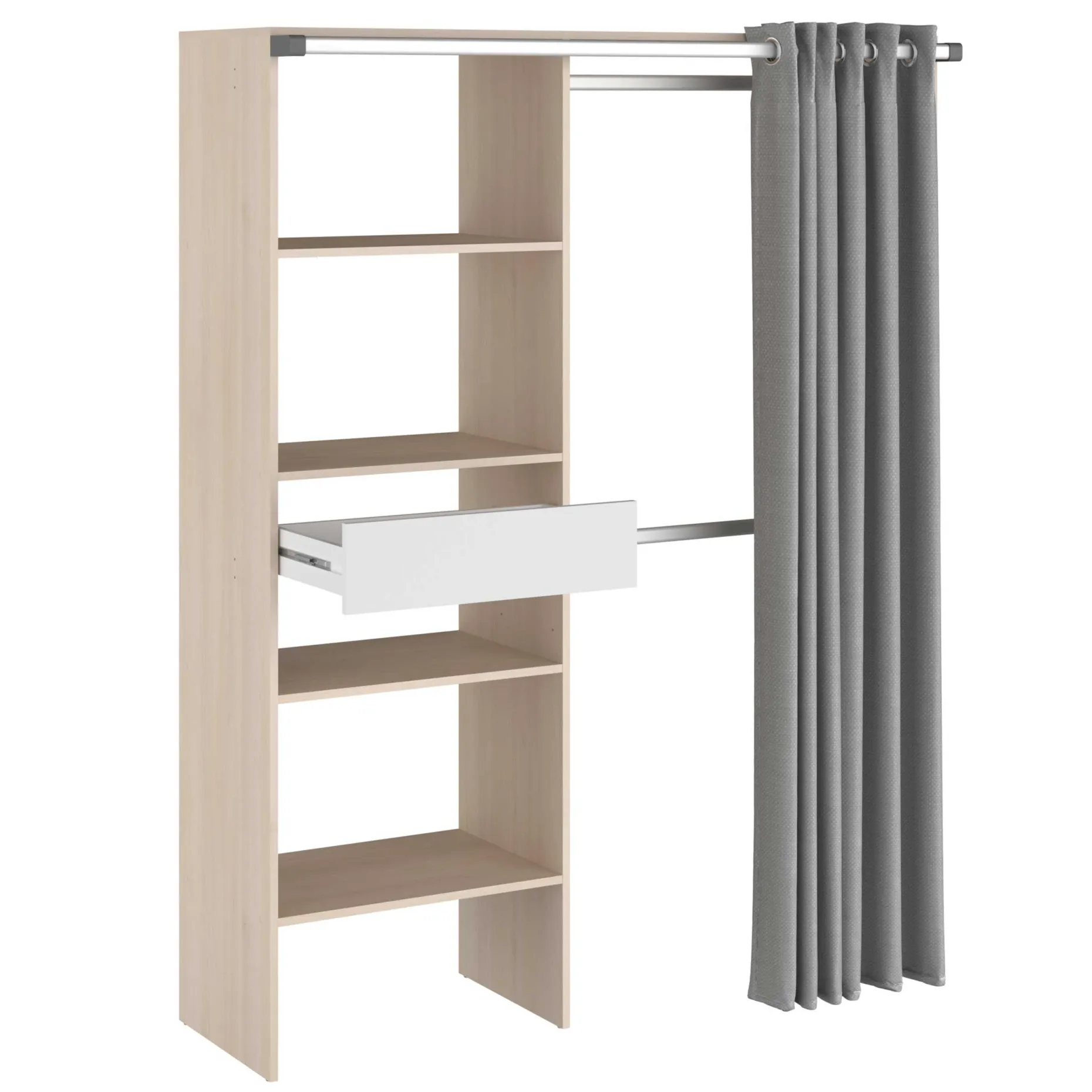 Balu Offener Kleiderschrank - 143x48x182cm - mit Vorhang - Akazie/Grau