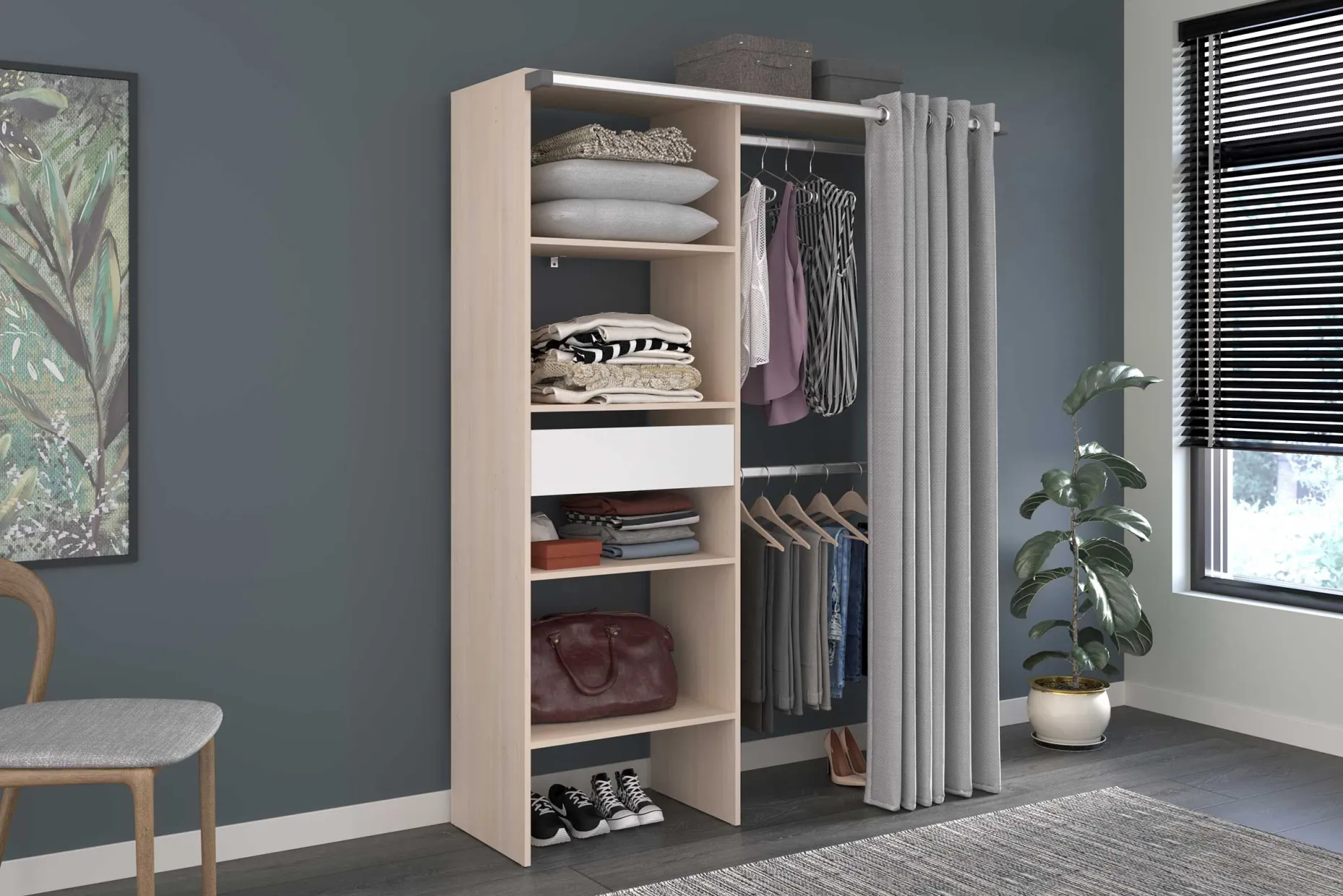 Balu Offener Kleiderschrank - 143x48x182cm - mit Vorhang - Akazie/Grau