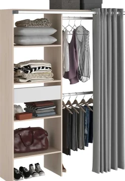 Balu Offener Kleiderschrank - 143x48x182cm - mit Vorhang - Akazie/Grau