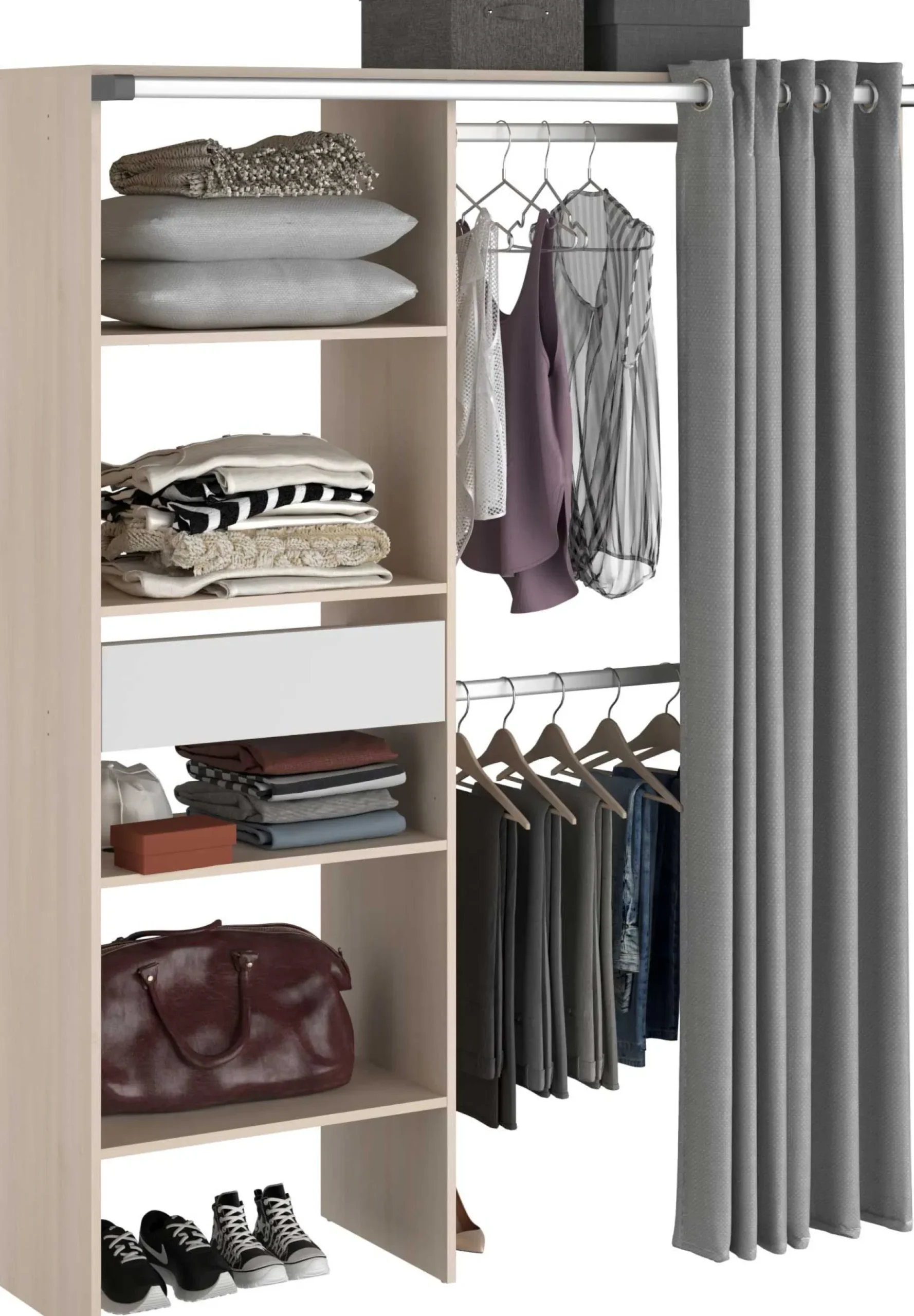 Balu Offener Kleiderschrank - 143x48x182cm - mit Vorhang - Akazie/Grau