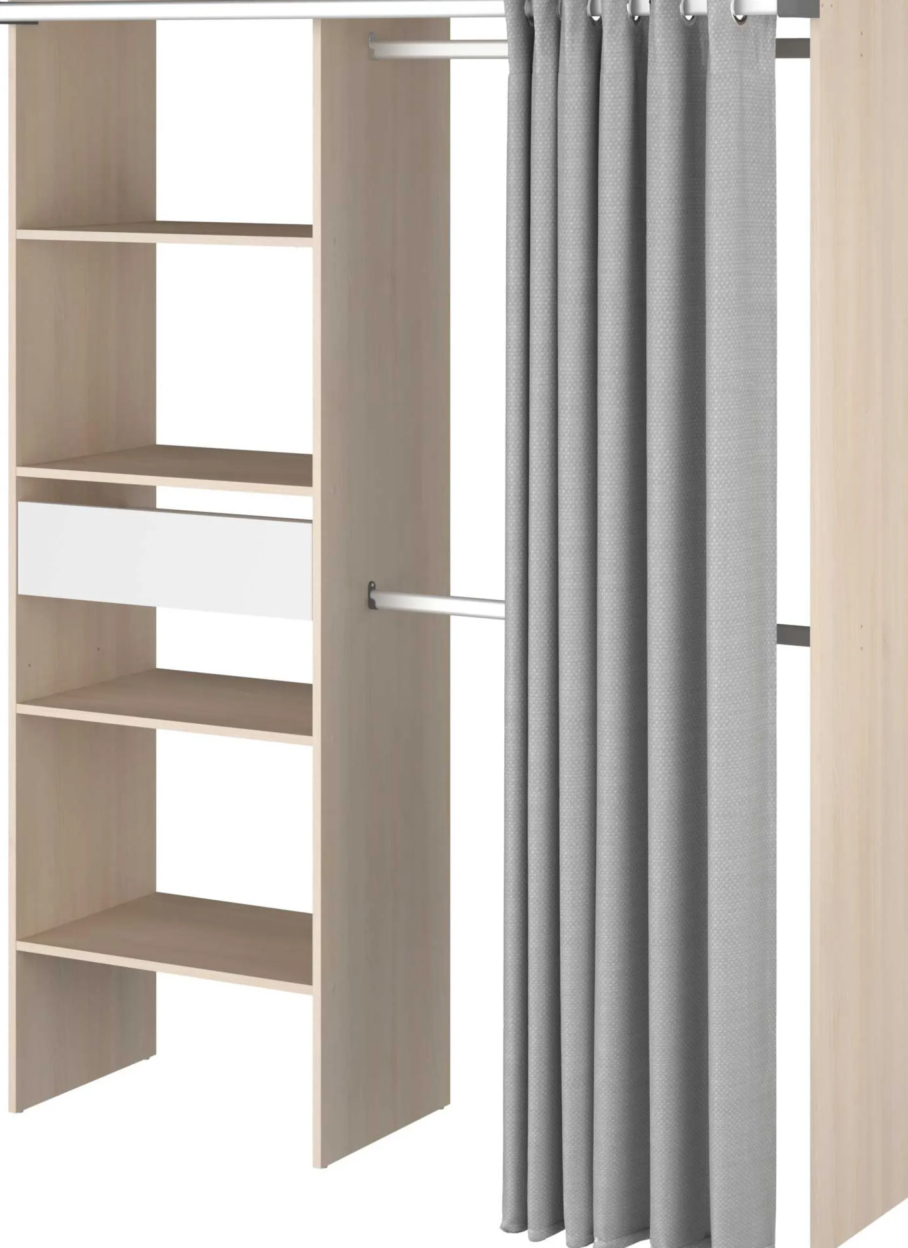 Balu Offener Kleiderschrank - 143x48x182cm - mit Vorhang - Akazie/Grau