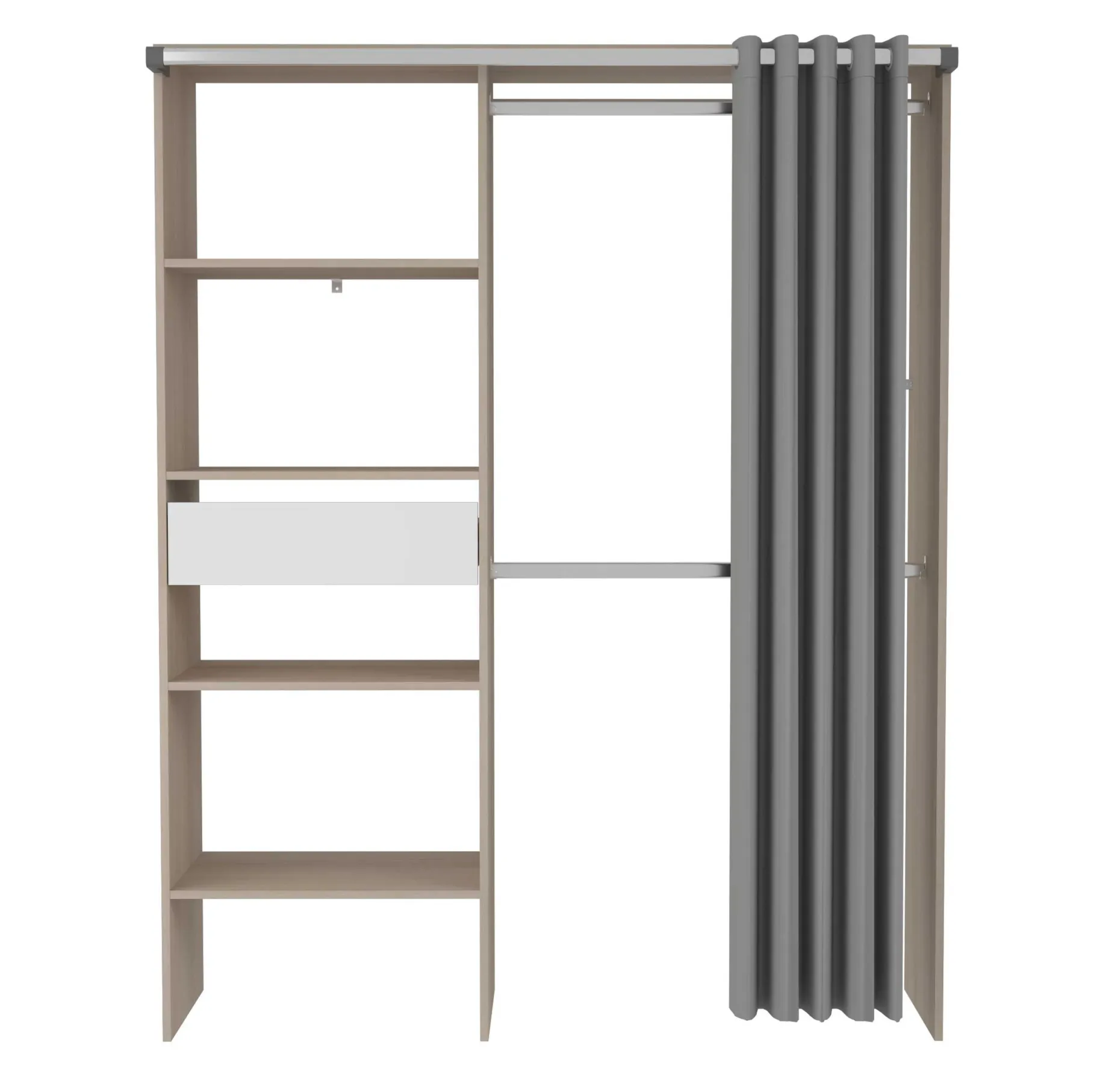 Balu Offener Kleiderschrank - 143x48x182cm - mit Vorhang - Akazie/Grau
