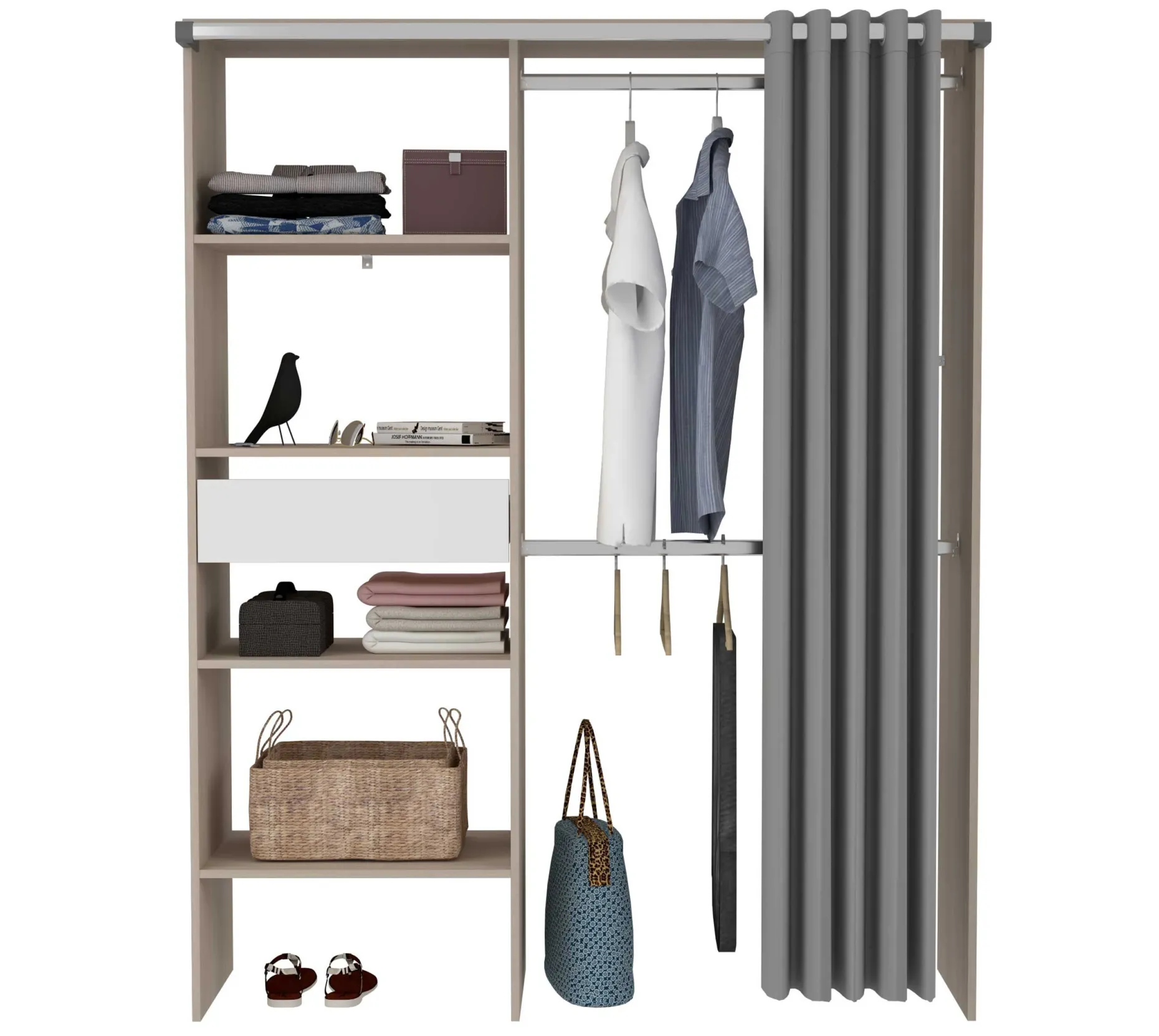 Balu Offener Kleiderschrank - 143x48x182cm - mit Vorhang - Akazie/Grau