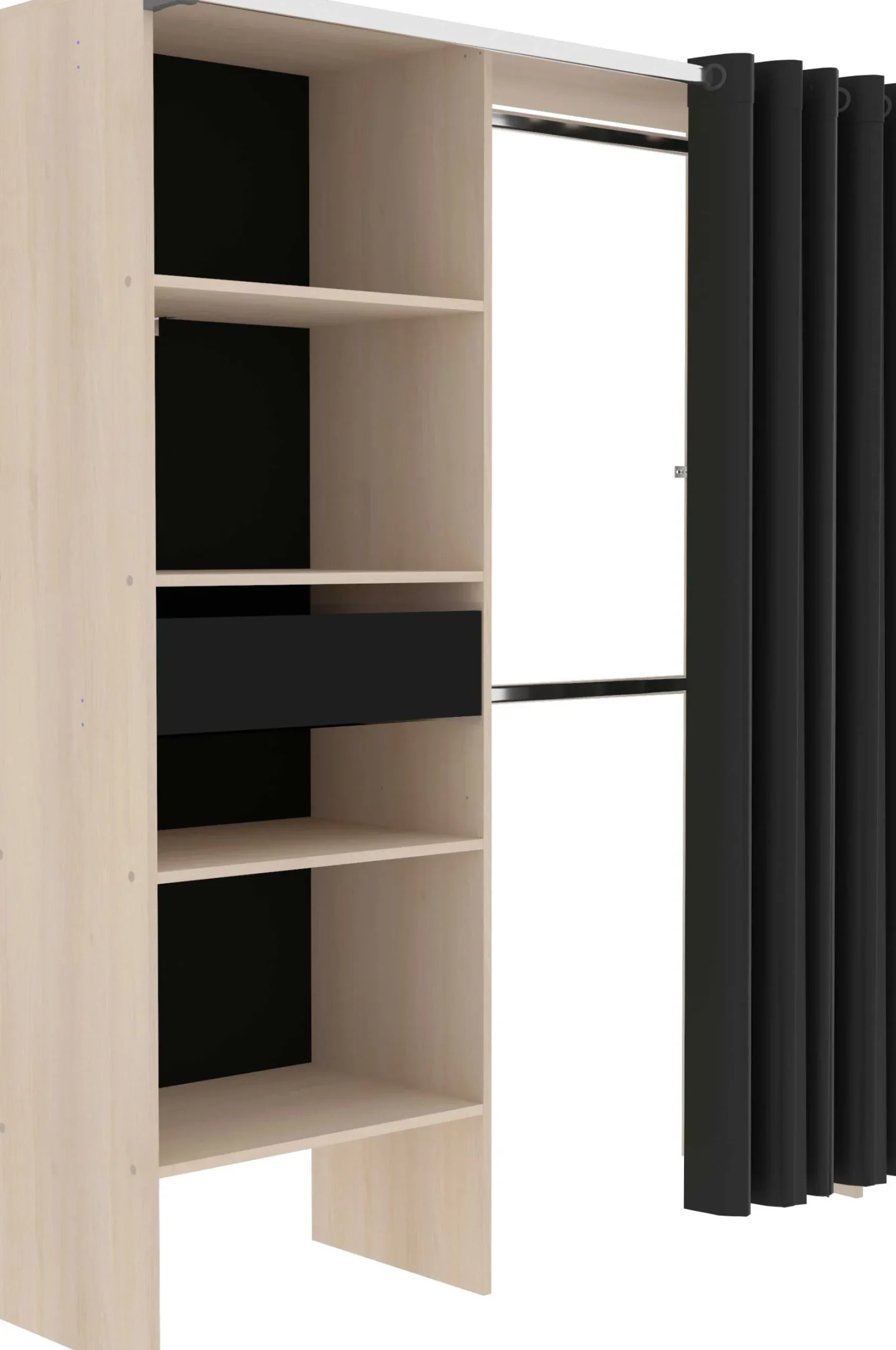 Balu Offener Kleiderschrank - 143x48x182cm - mit Vorhang - Akazie/Schwarz