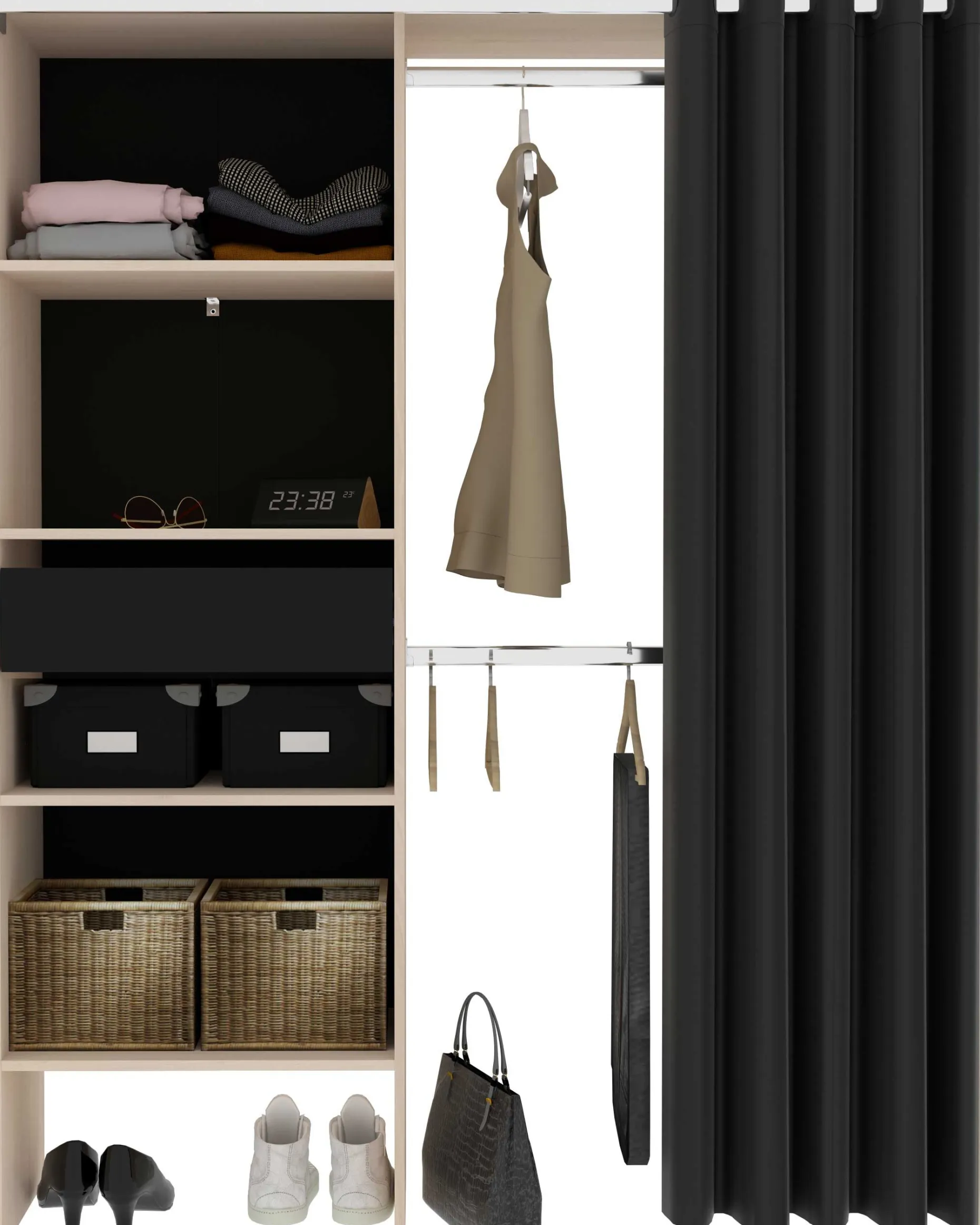 Balu Offener Kleiderschrank - 143x48x182cm - mit Vorhang - Akazie/Schwarz