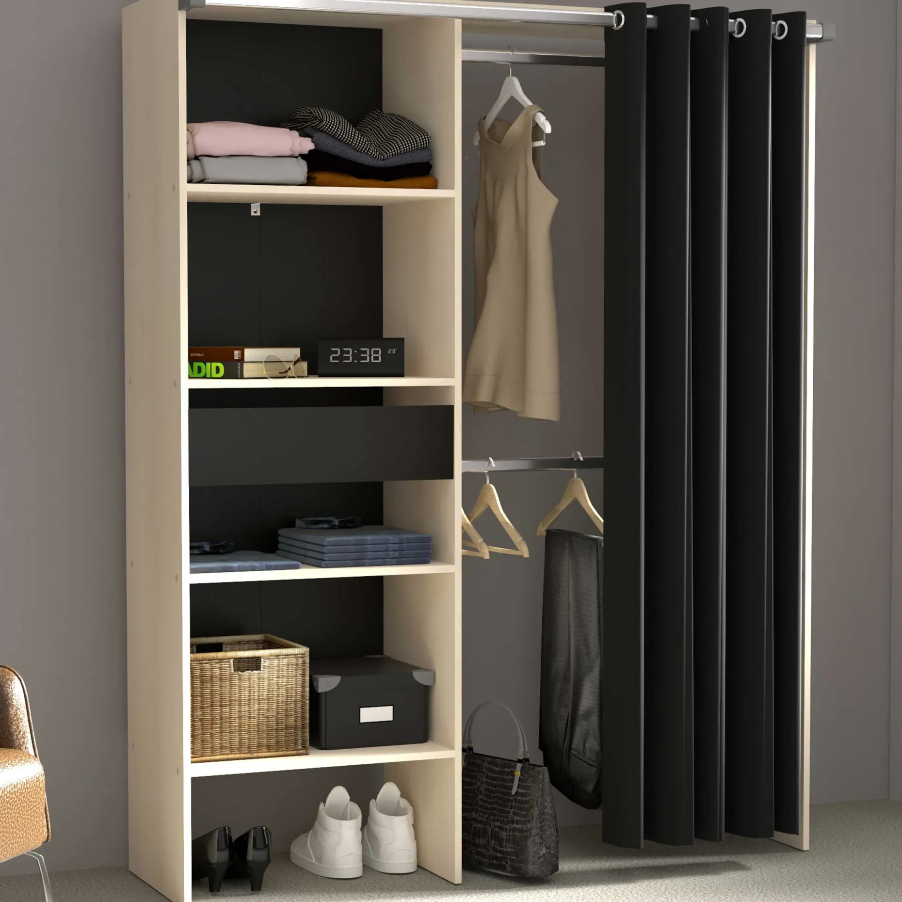 Balu Offener Kleiderschrank - 143x48x182cm - mit Vorhang - Akazie/Schwarz