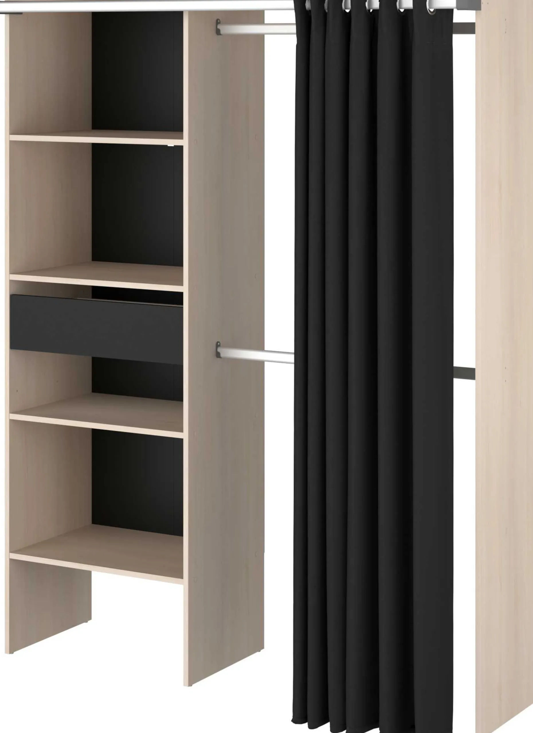Balu Offener Kleiderschrank - 143x48x182cm - mit Vorhang - Akazie/Schwarz