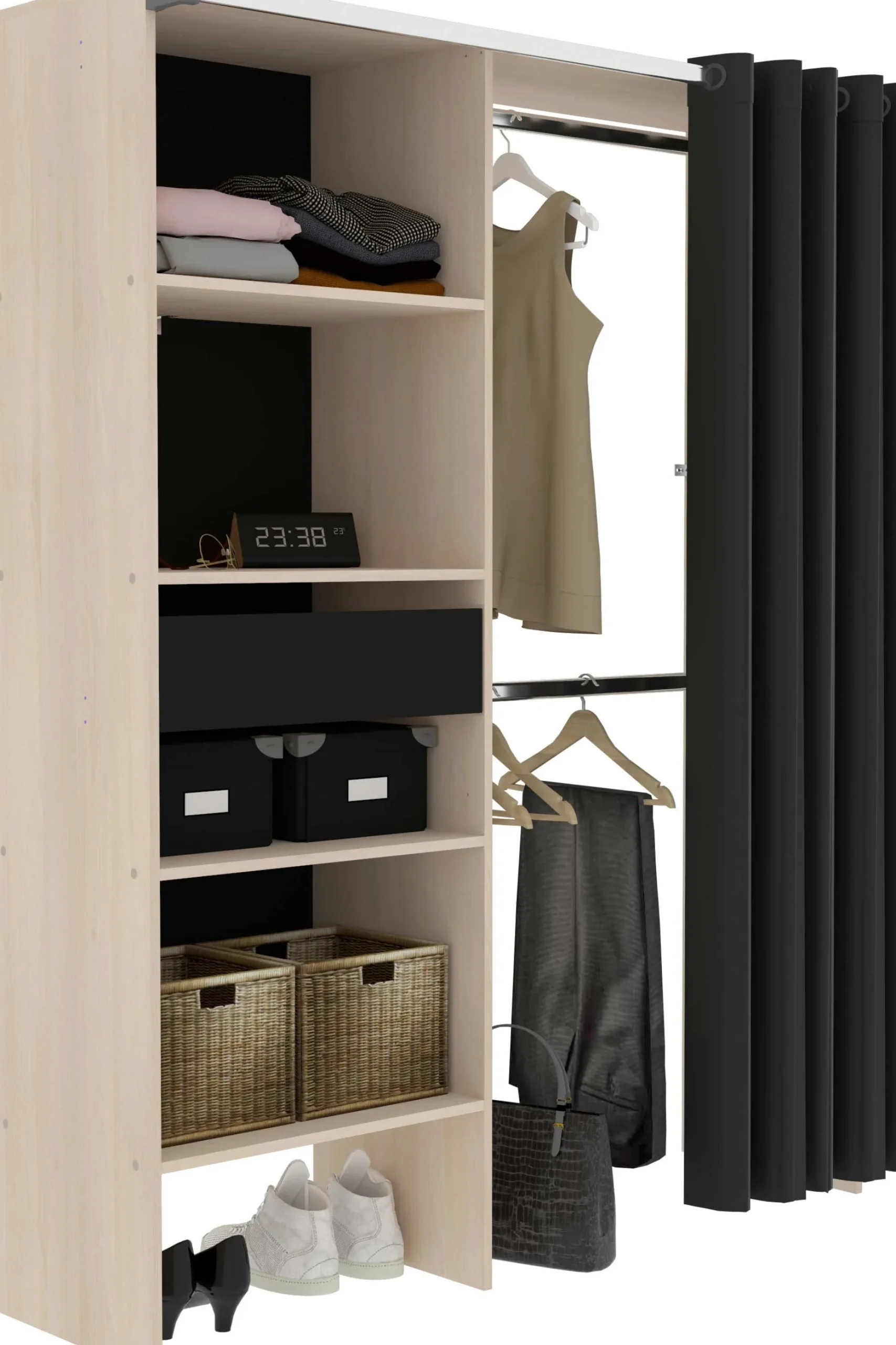 Balu Offener Kleiderschrank - 143x48x182cm - mit Vorhang - Akazie/Schwarz