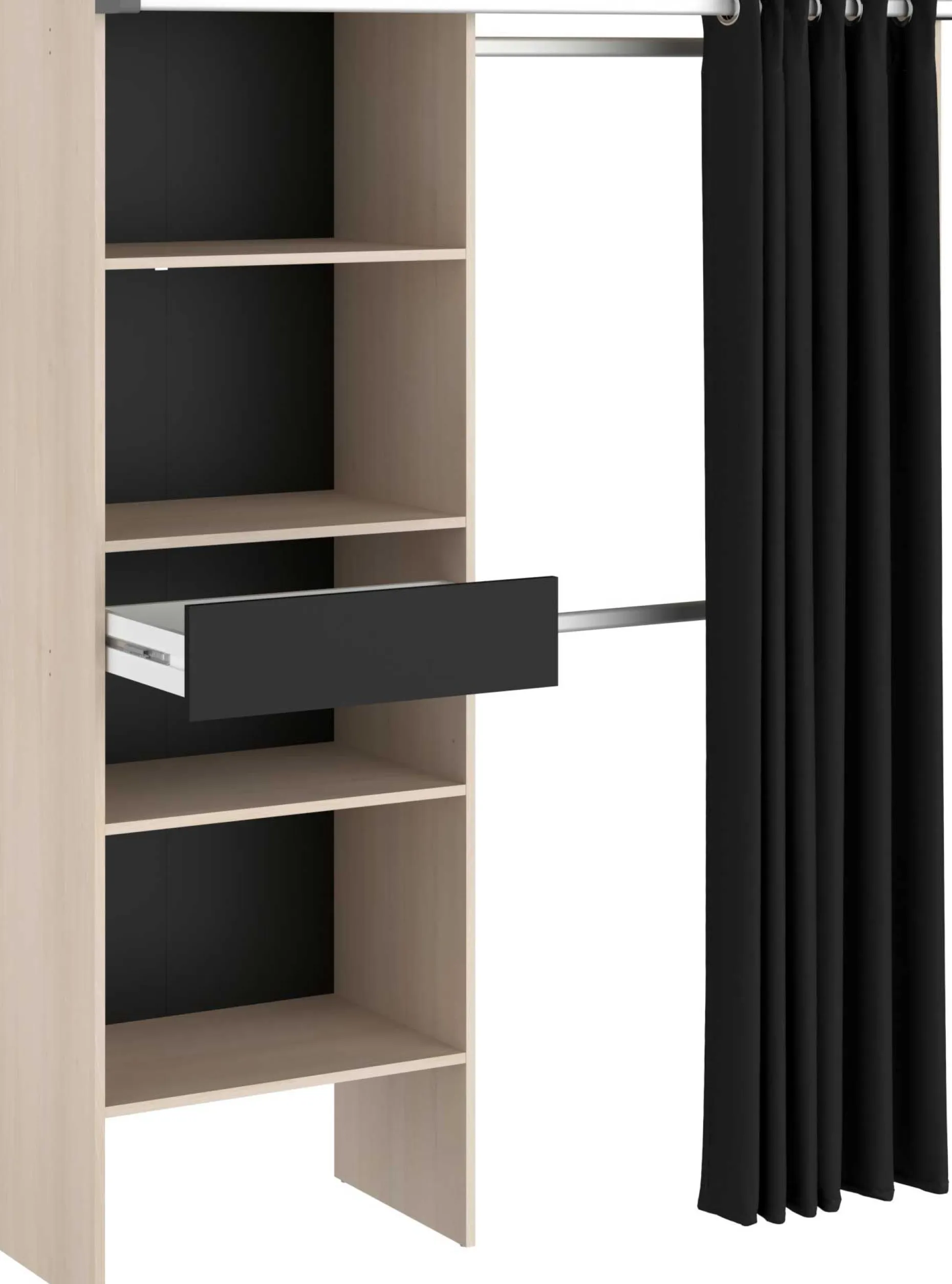 Balu Offener Kleiderschrank - 143x48x182cm - mit Vorhang - Akazie/Schwarz