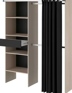 Balu Offener Kleiderschrank - 143x48x182cm - mit Vorhang - Akazie/Schwarz