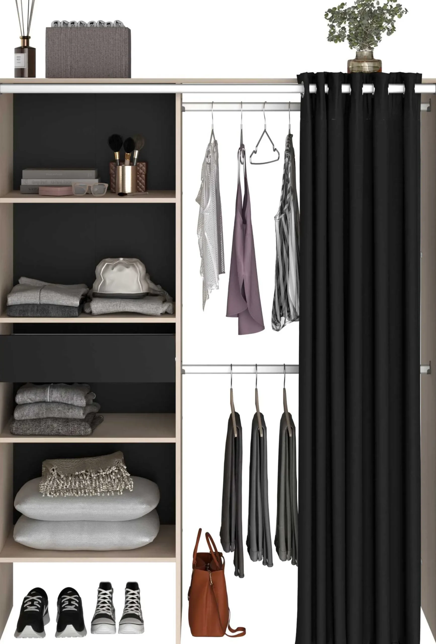 Balu Offener Kleiderschrank - 143x48x182cm - mit Vorhang - Akazie/Schwarz