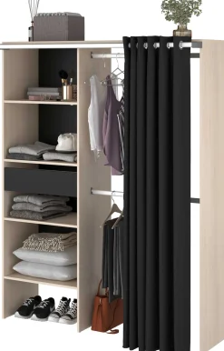 Balu Offener Kleiderschrank - 143x48x182cm - mit Vorhang - Akazie/Schwarz