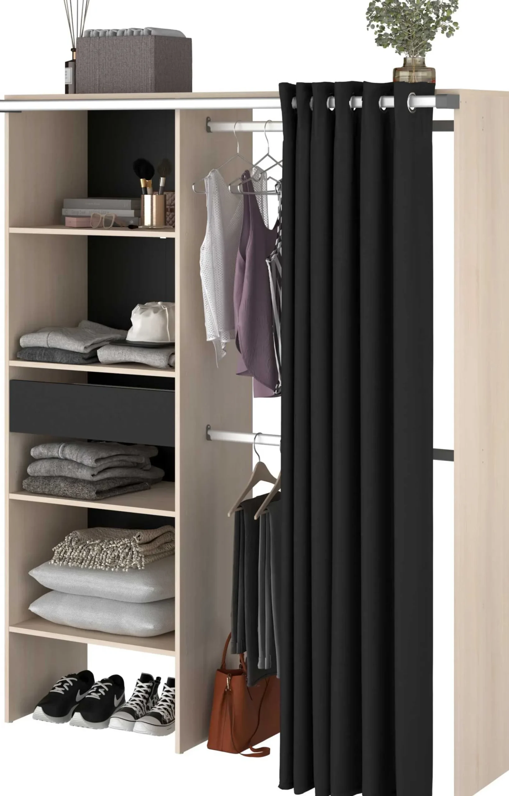 Balu Offener Kleiderschrank - 143x48x182cm - mit Vorhang - Akazie/Schwarz