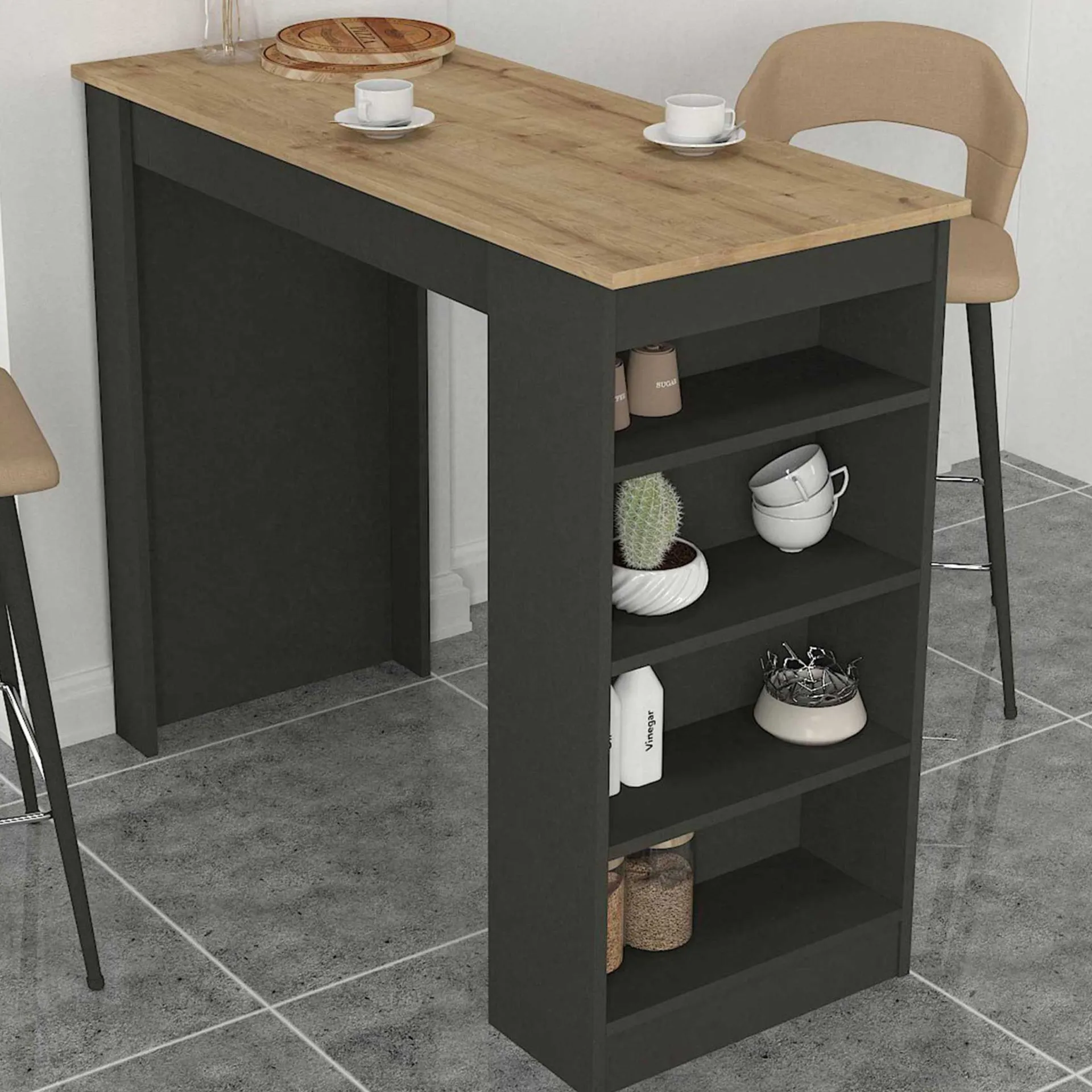 Emob Bartisch Monaco - 120x52x102cm - mit Stauraum - Anthrazit/Eiche Dekor