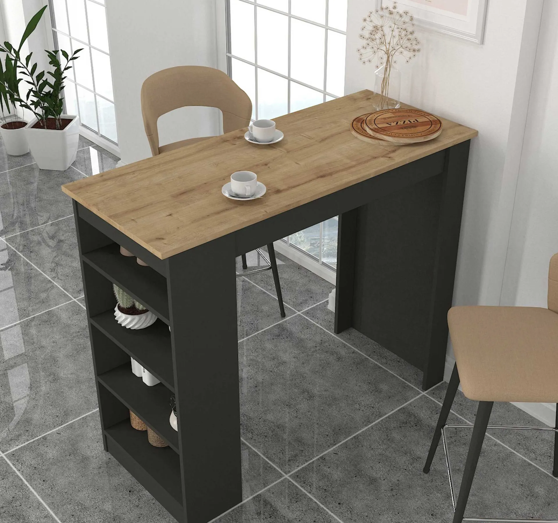 Emob Bartisch Monaco - 120x52x102cm - mit Stauraum - Anthrazit/Eiche Dekor