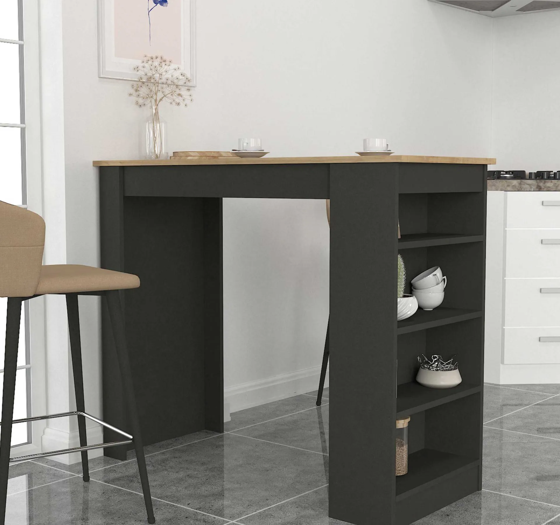 Emob Bartisch Monaco - 120x52x102cm - mit Stauraum - Anthrazit/Eiche Dekor