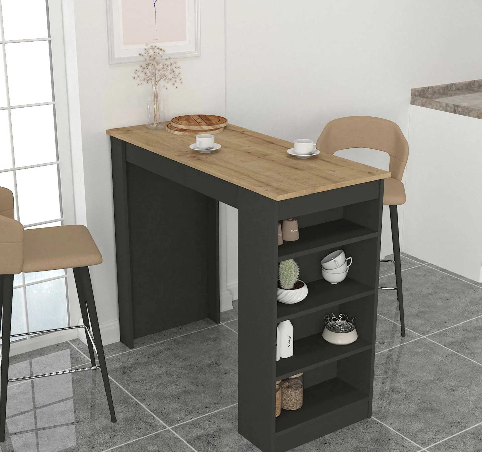 Emob Bartisch Monaco - 120x52x102cm - mit Stauraum - Anthrazit/Eiche Dekor