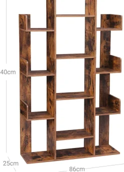 Baumförmiges Bücherregal: 13 Fachböden, 86x25x140cm, Rustikales Braun