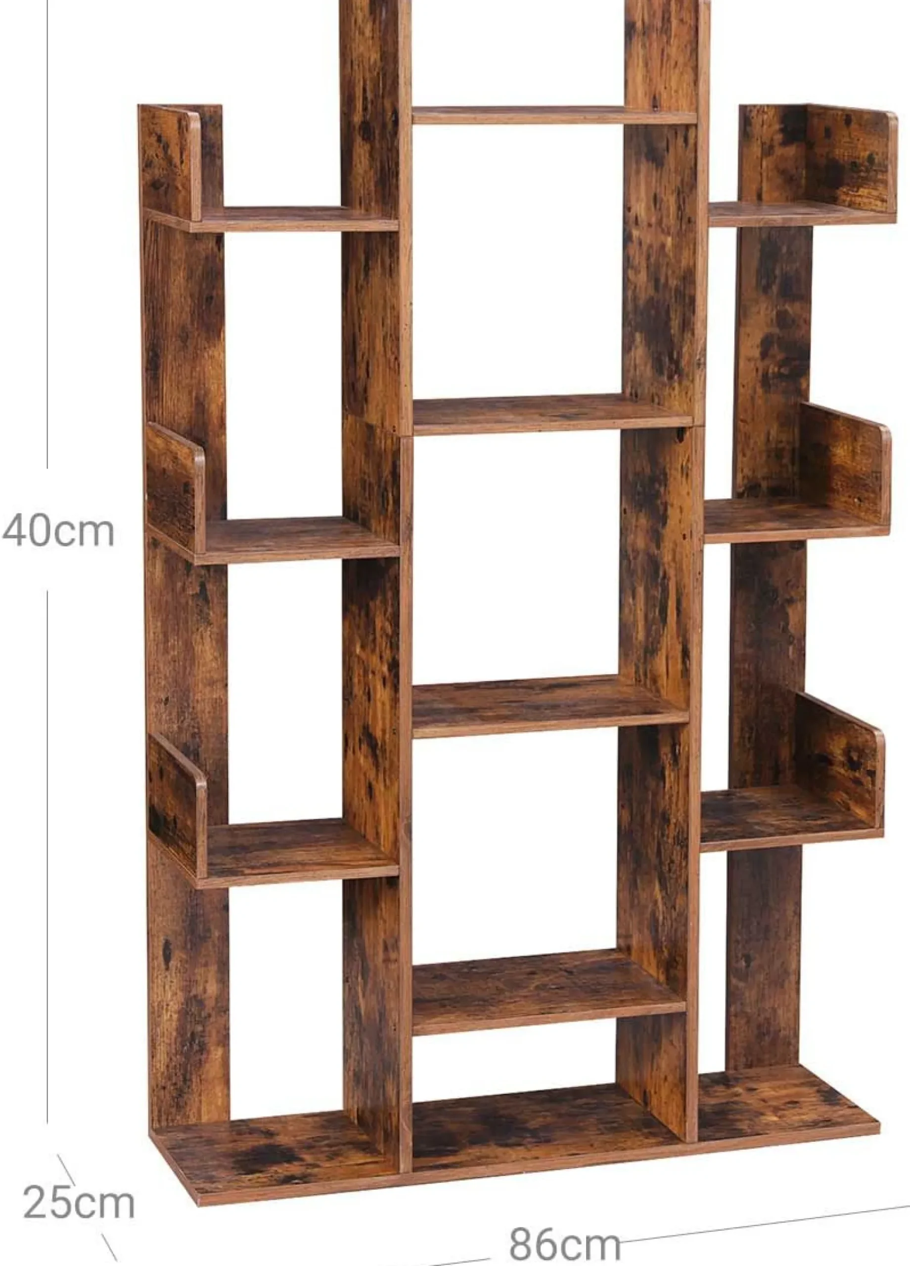 Baumförmiges Bücherregal: 13 Fachböden, 86x25x140cm, Rustikales Braun
