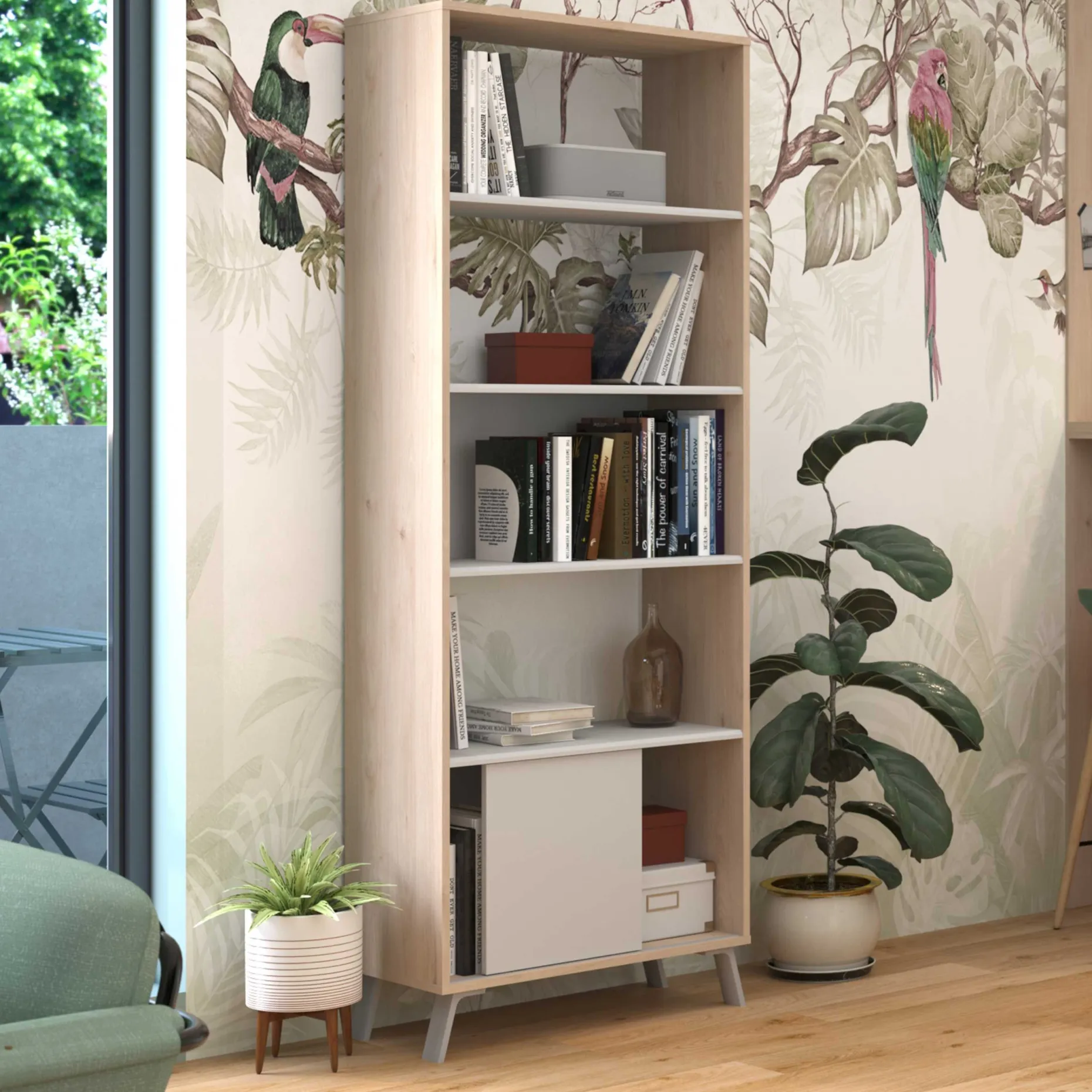 Bücherregal Ara-184cm-4 Fachböden-hellgrau/Eiche