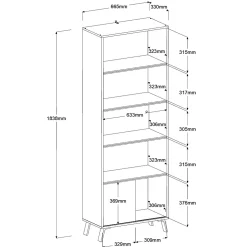 Bücherregal Ara-184cm-4 Fachböden-hellgrau/Eiche
