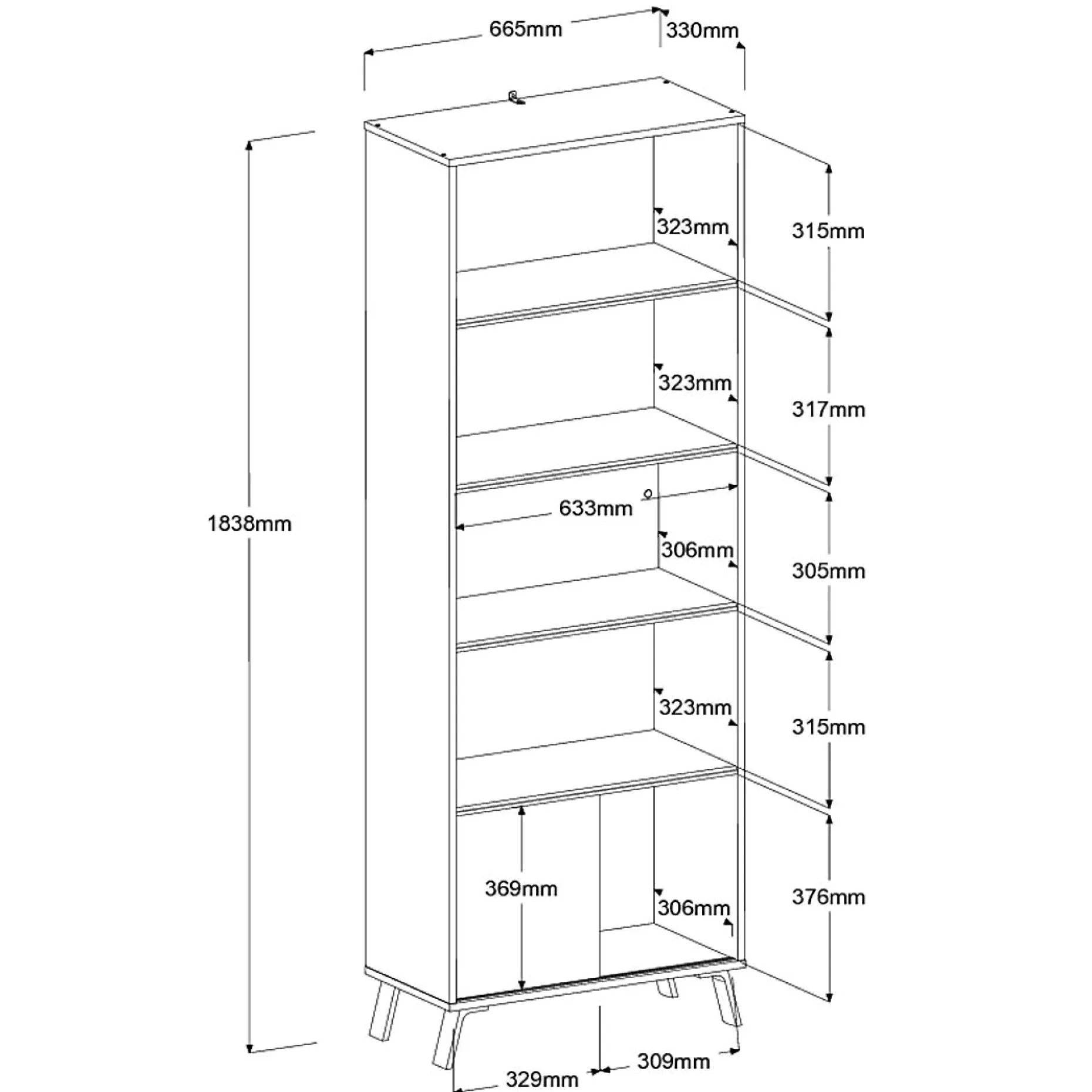 Bücherregal Ara-184cm-4 Fachböden-hellgrau/Eiche
