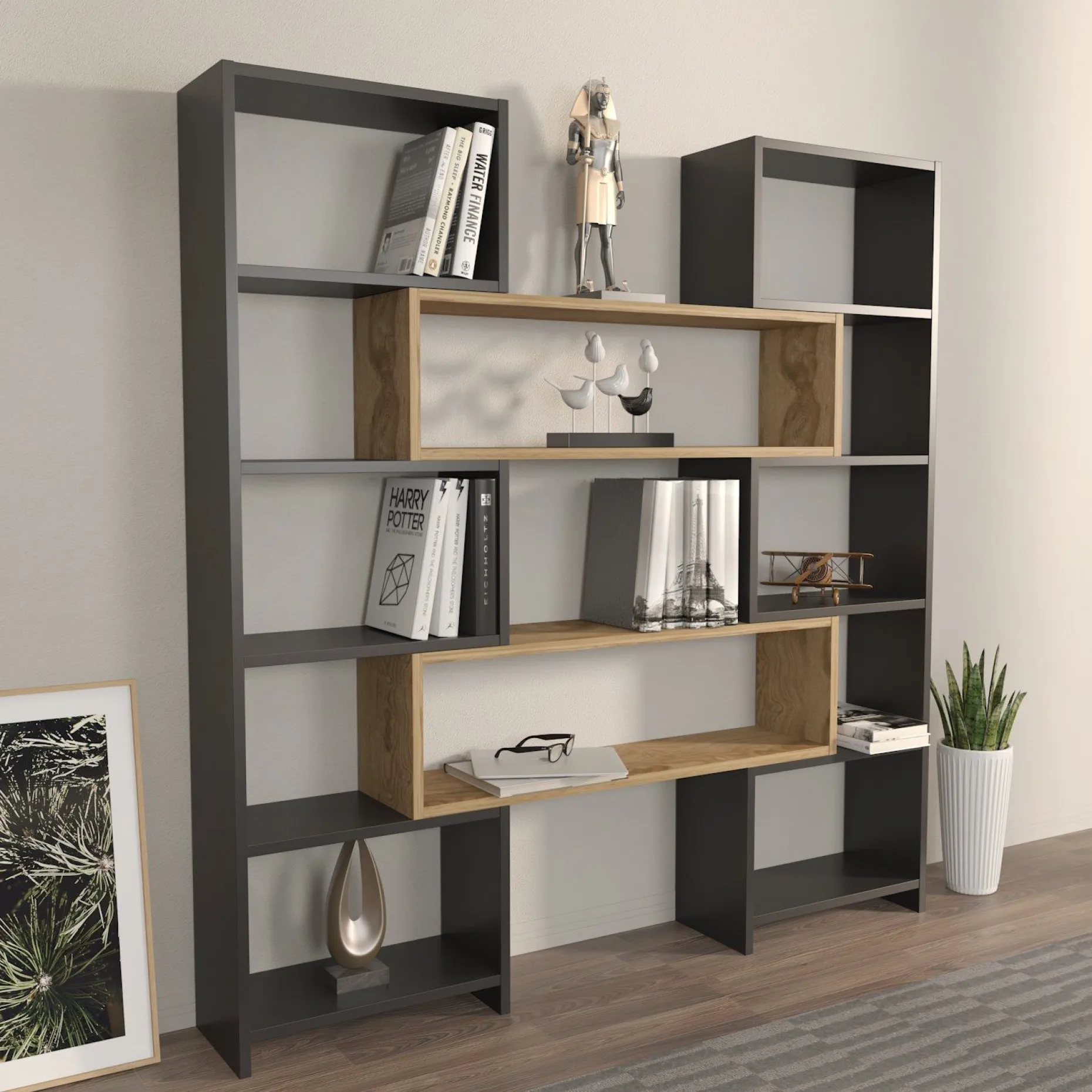 Bücherregal Poyraz - 100% MELAMINE - Schwarz - 163,5 x 150 x 22 cm