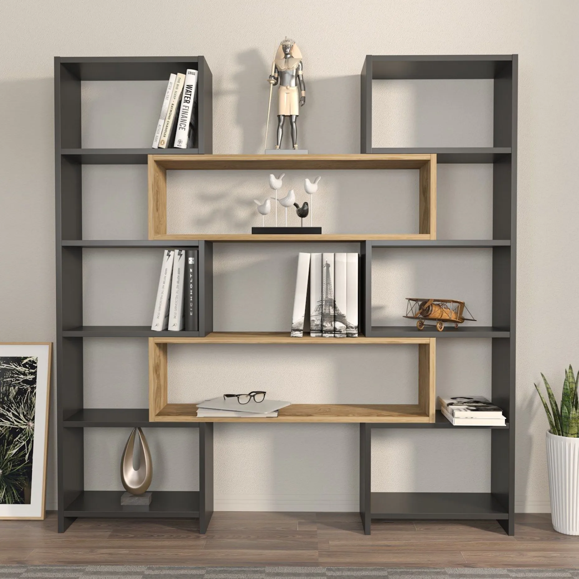 Bücherregal Poyraz - 100% MELAMINE - Schwarz - 163,5 x 150 x 22 cm
