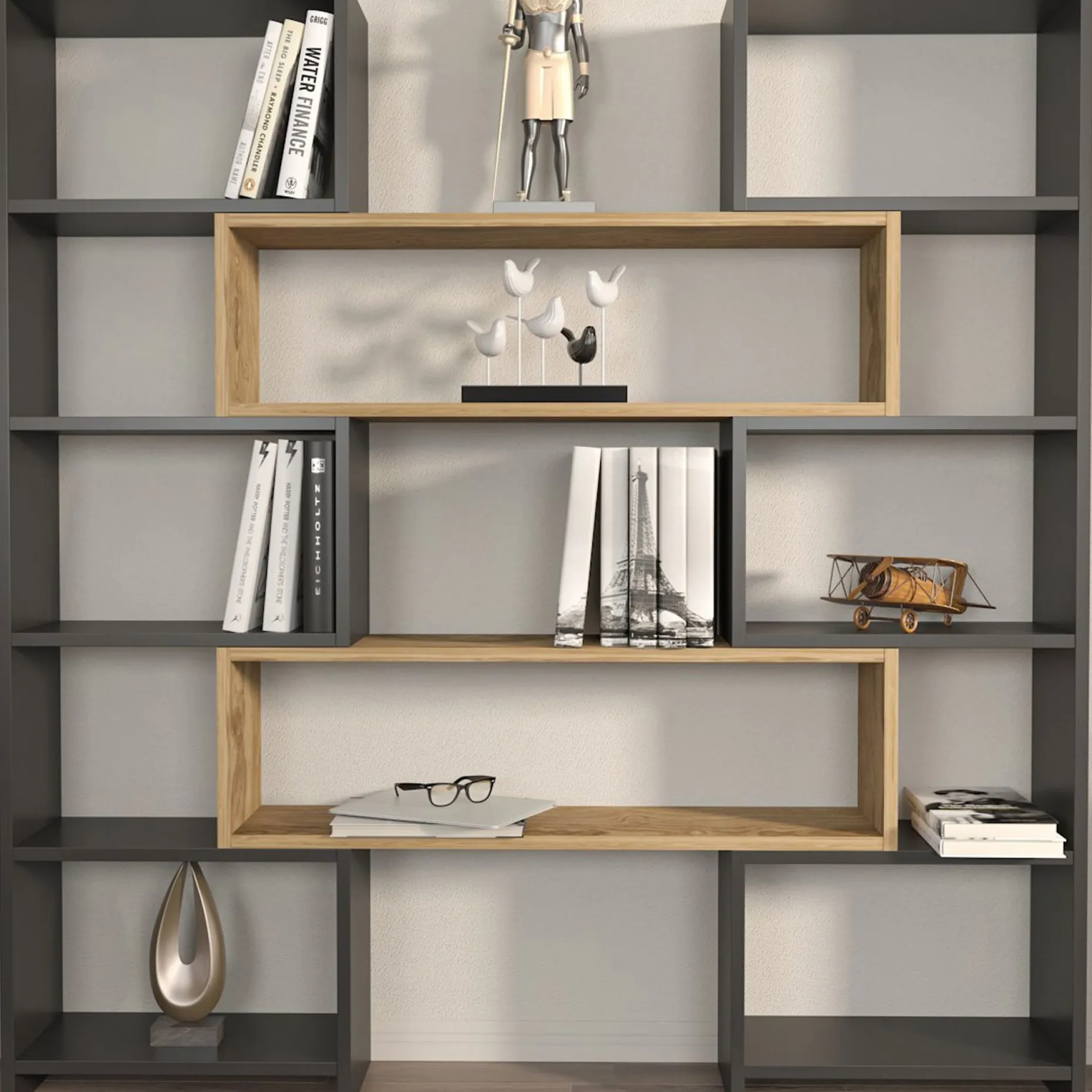 Bücherregal Poyraz - 100% MELAMINE - Schwarz - 163,5 x 150 x 22 cm