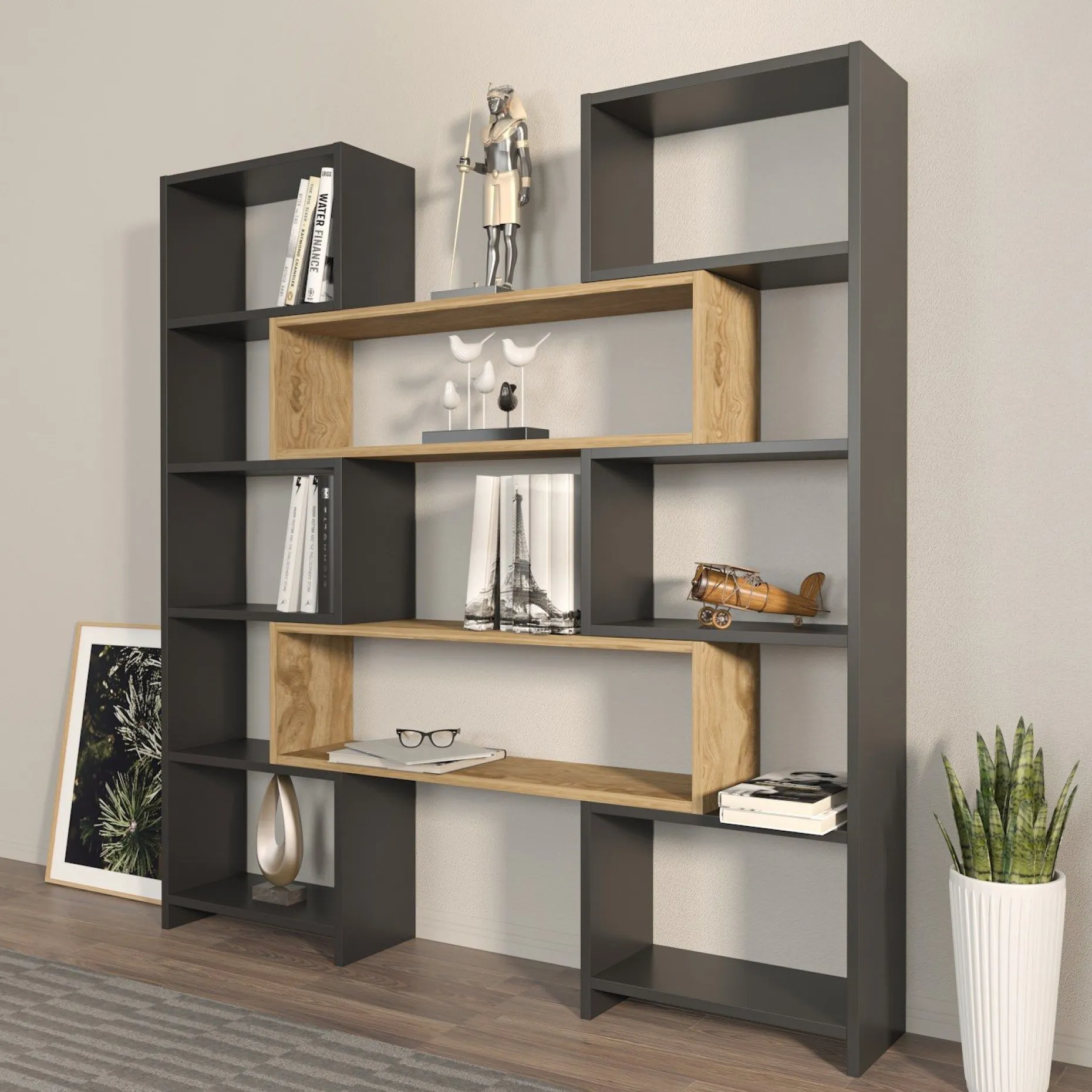 Bücherregal Poyraz - 100% MELAMINE - Schwarz - 163,5 x 150 x 22 cm