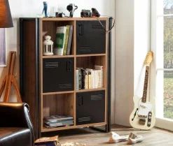 Emob Bücherregal Sapphire - 89x35x127cm - 3 Türen - schwarzes Metall/Eiche Dekor