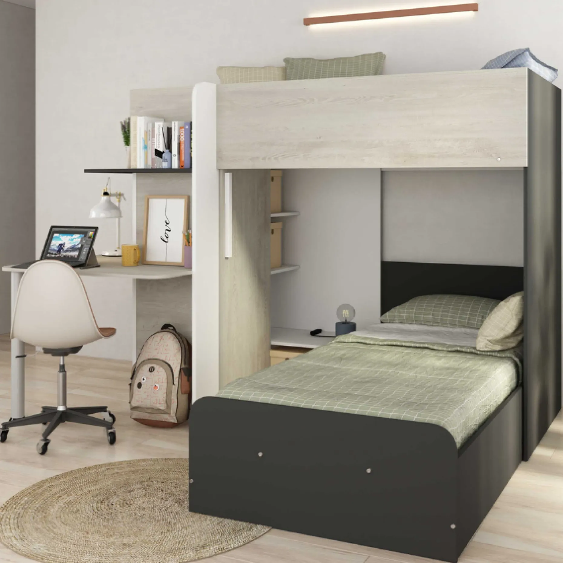 Beau Etagenbett 90x190 cm mit Schreibtisch-schwarz/pine/weiß