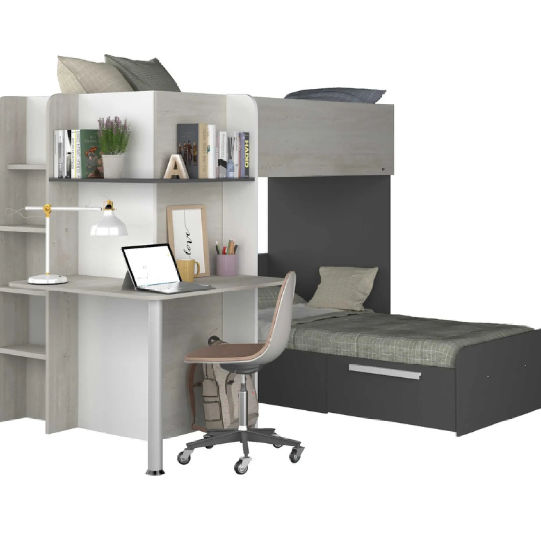 Beau Etagenbett 90x190 cm mit Schreibtisch-schwarz/pine/weiß