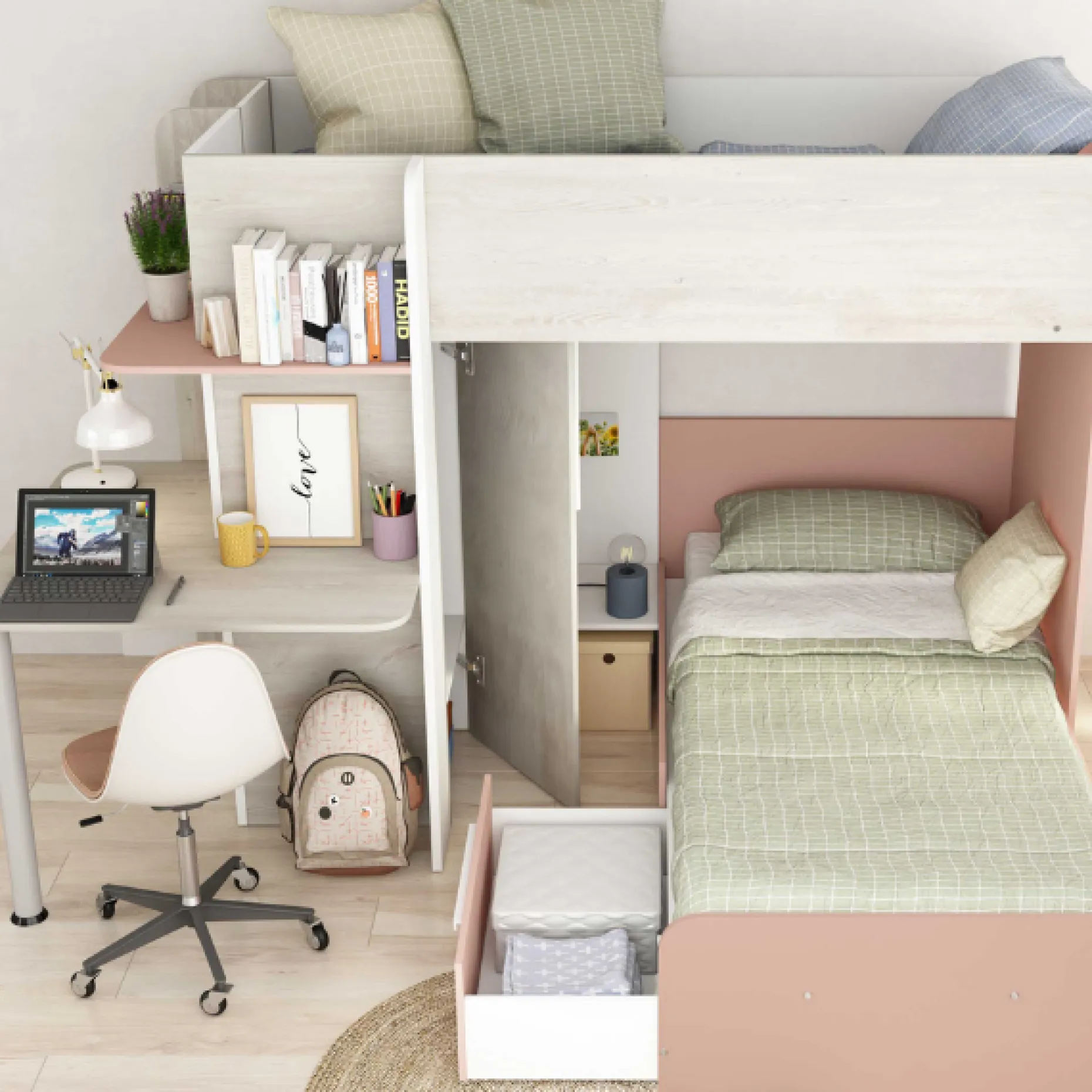 Beau Etagenbett 90x190 cm mit Schreibtisch-rosa/pink/weiß