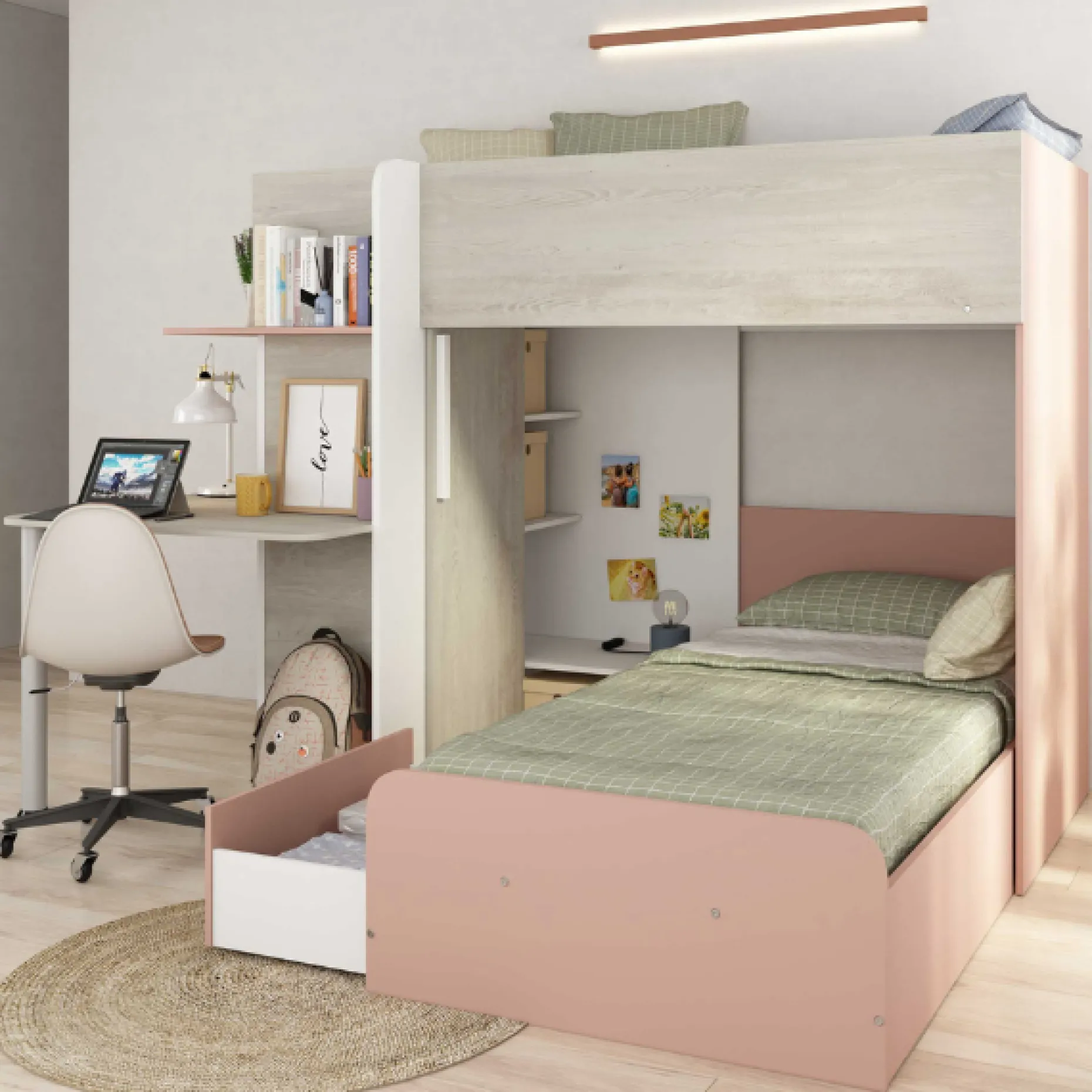 Beau Etagenbett 90x190 cm mit Schreibtisch-rosa/pink/weiß