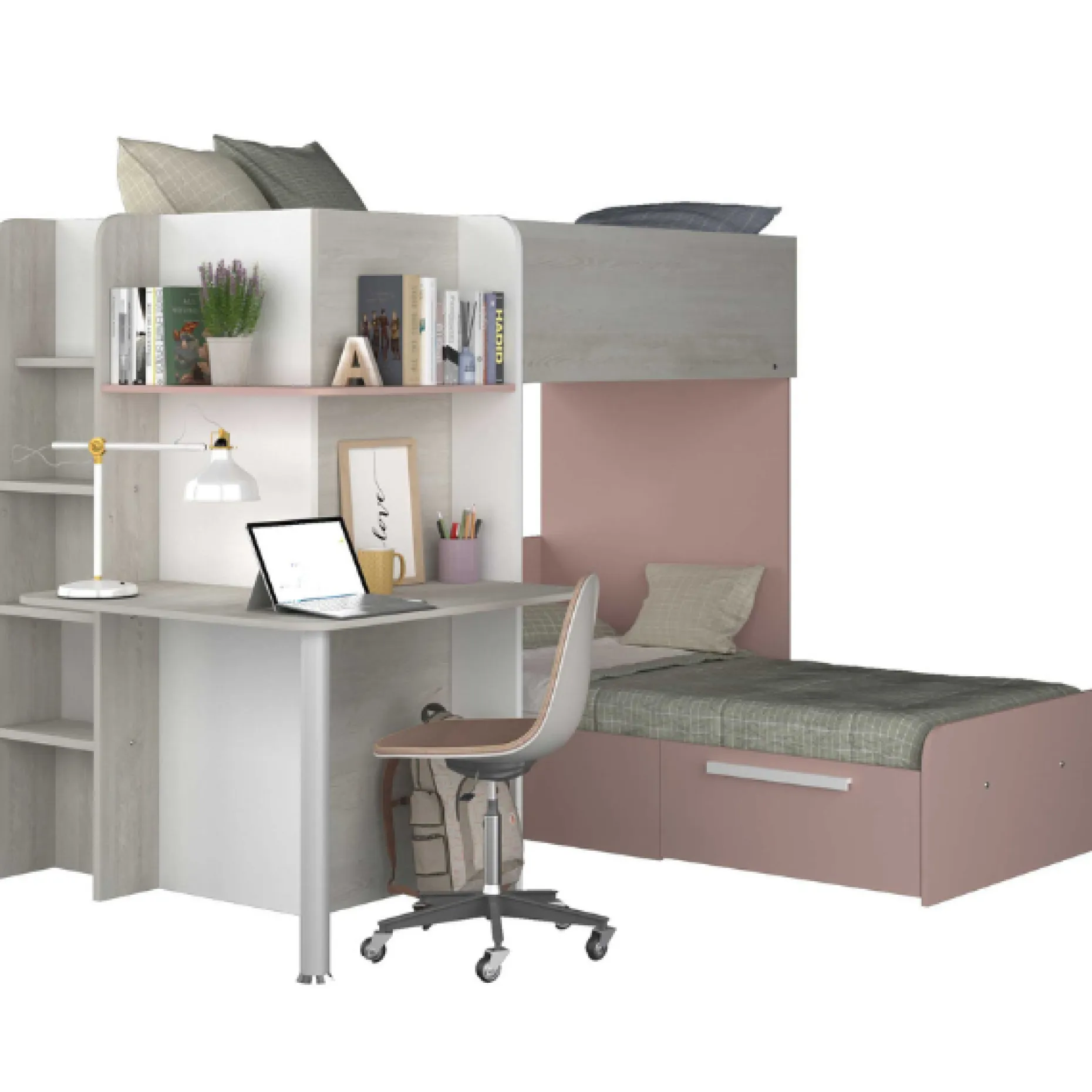 Beau Etagenbett 90x190 cm mit Schreibtisch-rosa/pink/weiß