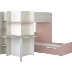 Beau Etagenbett 90x190 cm mit Schreibtisch-rosa/pink/weiß