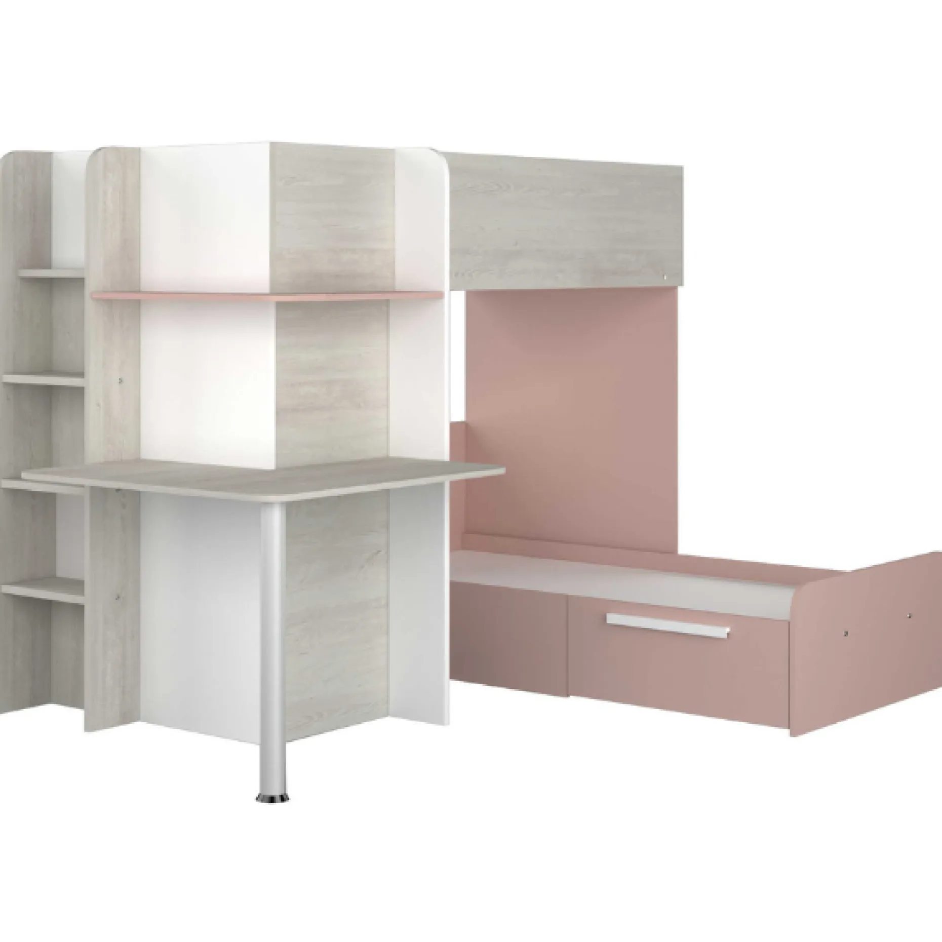 Beau Etagenbett 90x190 cm mit Schreibtisch-rosa/pink/weiß