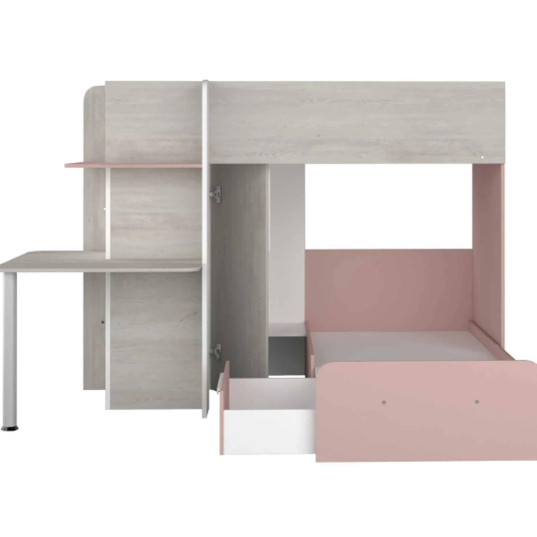Beau Etagenbett 90x190 cm mit Schreibtisch-rosa/pink/weiß