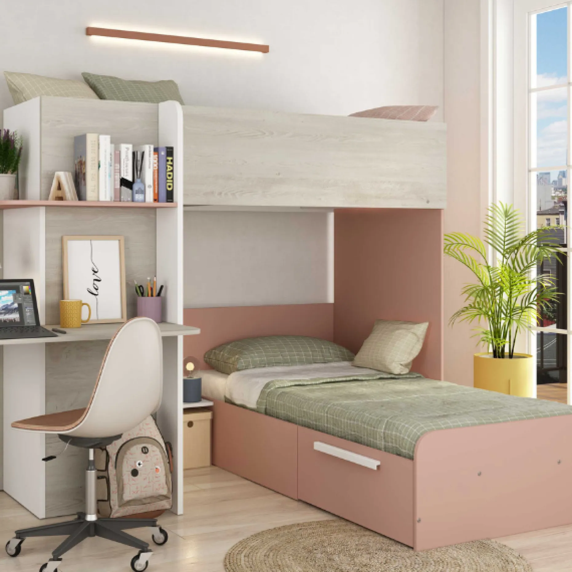 Beau Etagenbett 90x190 cm mit Schreibtisch-rosa/pink/weiß