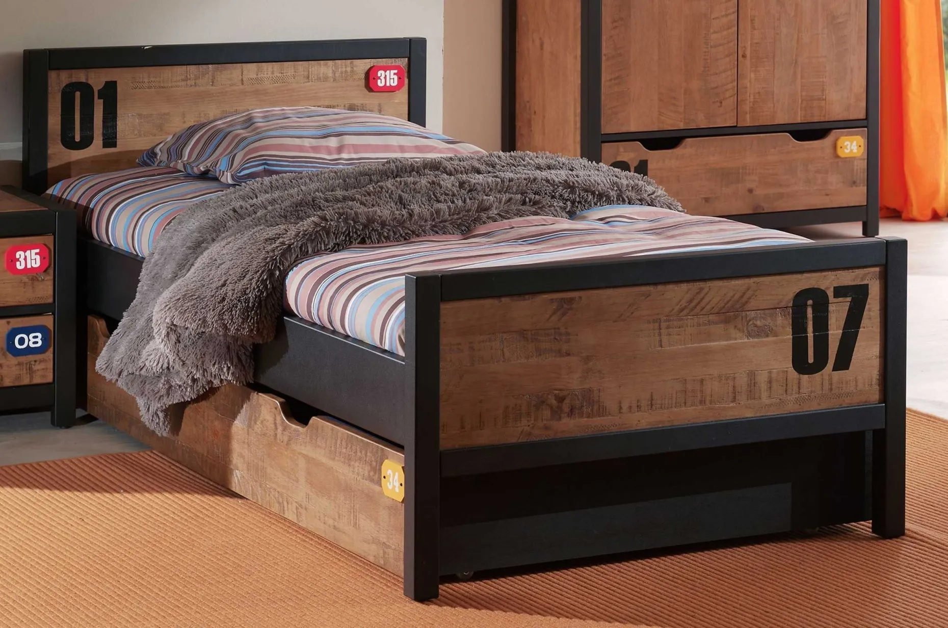 Bett Alex 90x200cm (inkl. Lattenrost) mit Bettkasten - braun/schwarz