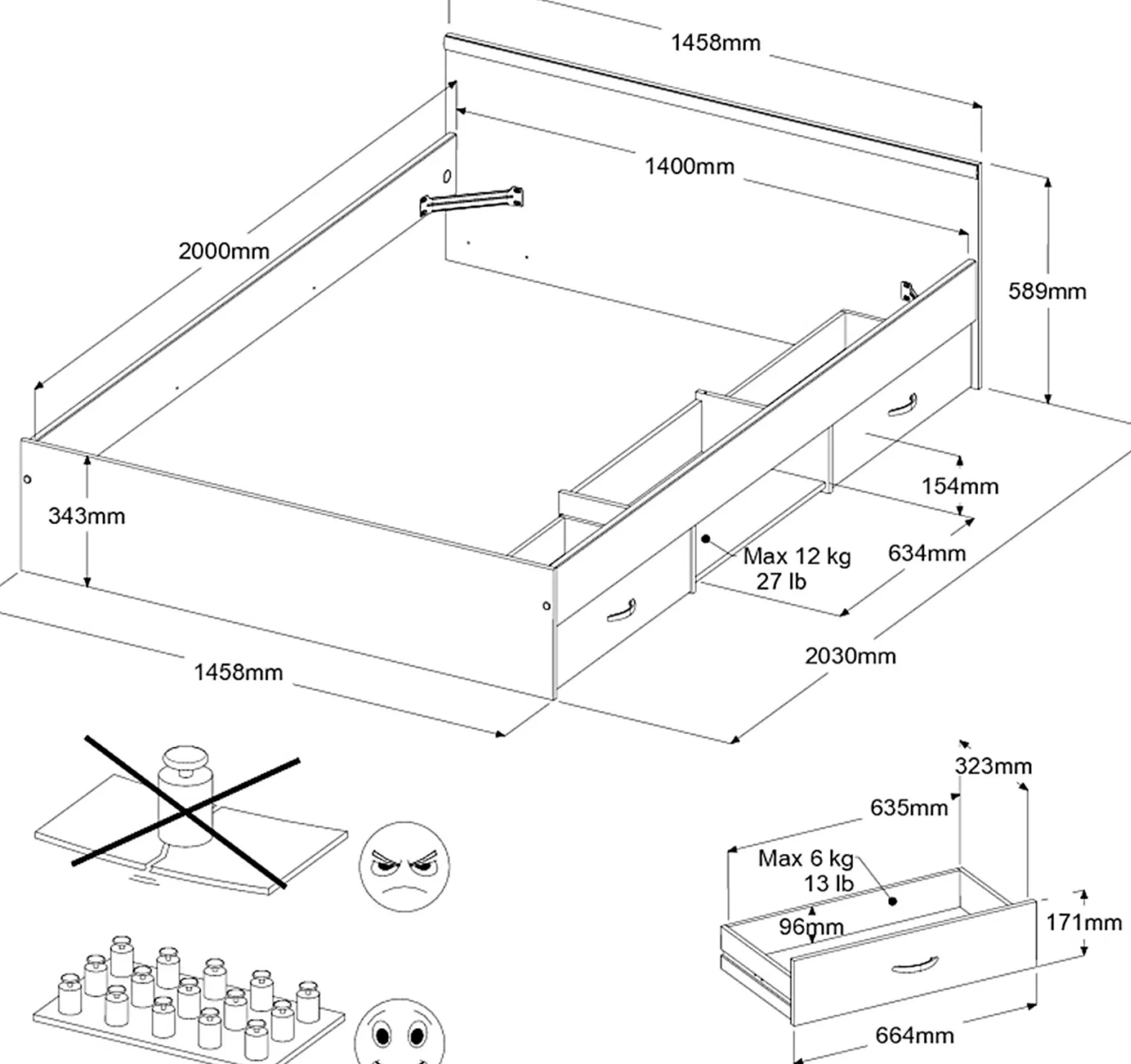 Bett Alma 140x200cm mit 2 Schubladen - weiß