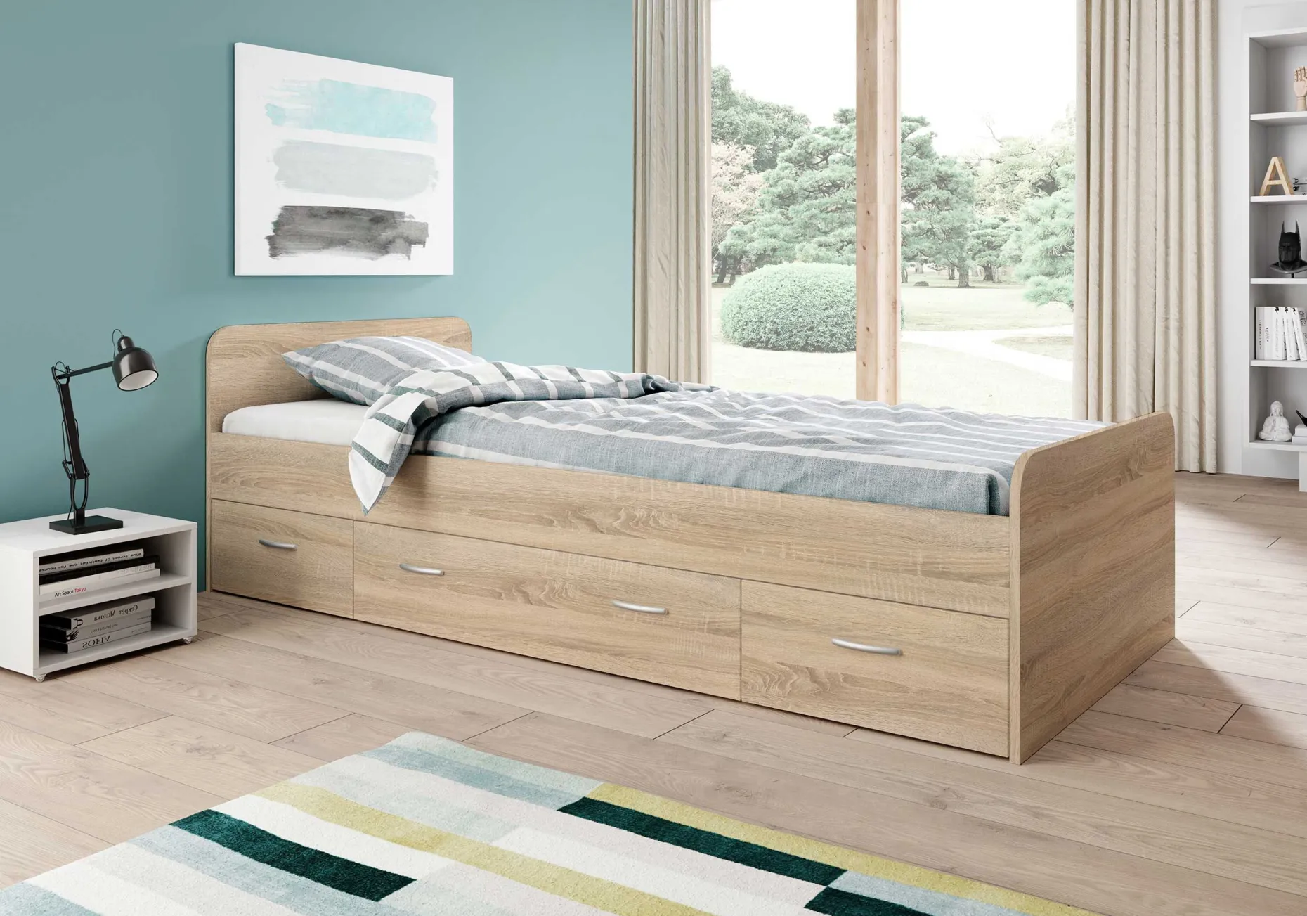 Bett Barko 90x200 mit 3 Schubladen - Eiche