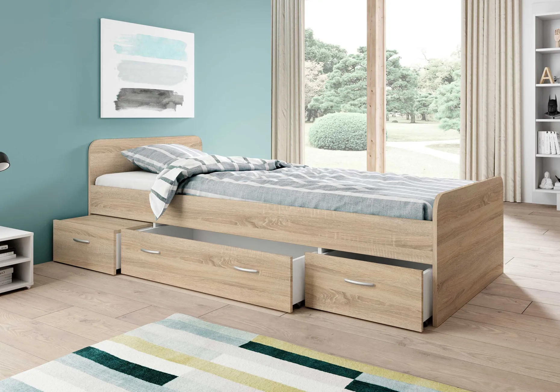 Bett Barko 90x200 mit 3 Schubladen - Eiche
